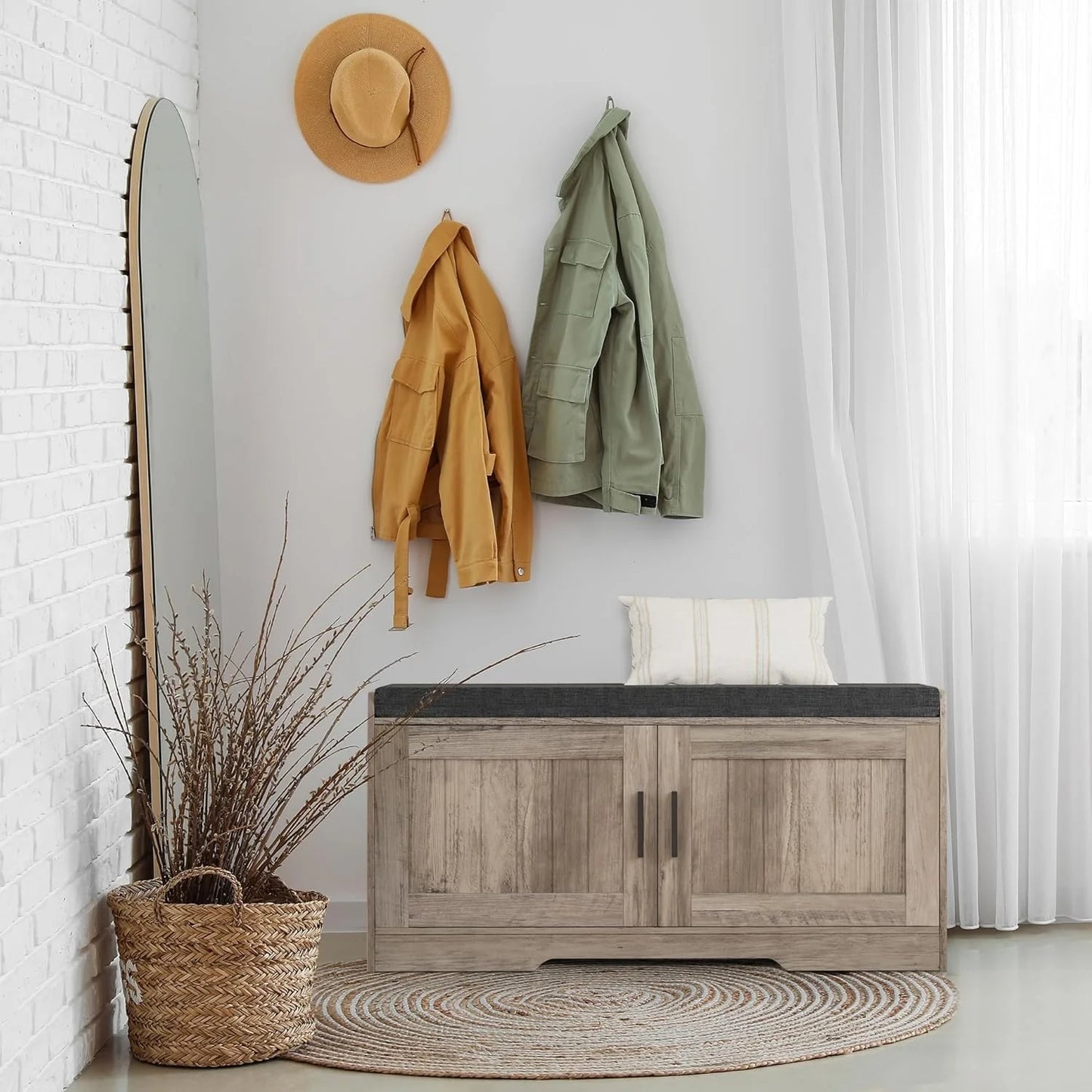 2-Tier Storage Bench, Shoe Bench with Thickened Padded Seat Cushion, Entryway Bench with 4 Doors, Adjustable Shelf