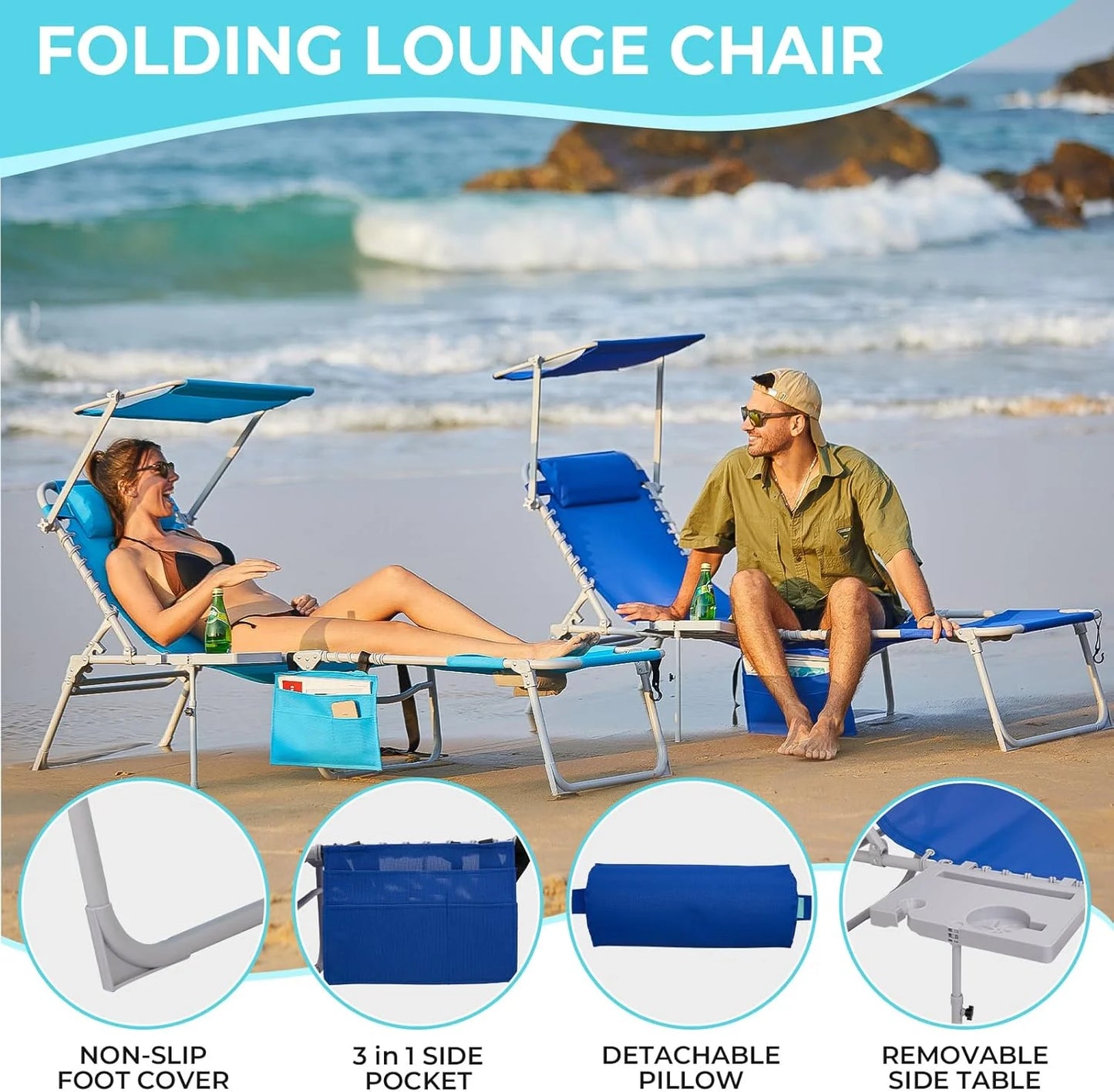2 Pack Outdoor Chaise Lounge Chair - Portable Folding Patio Pool Lounge Chair, 5 Positions Adjustable Reclining Camping Chair with Side Table,Shoulder Strap, Pillow for Beach Sunbathing Lawn