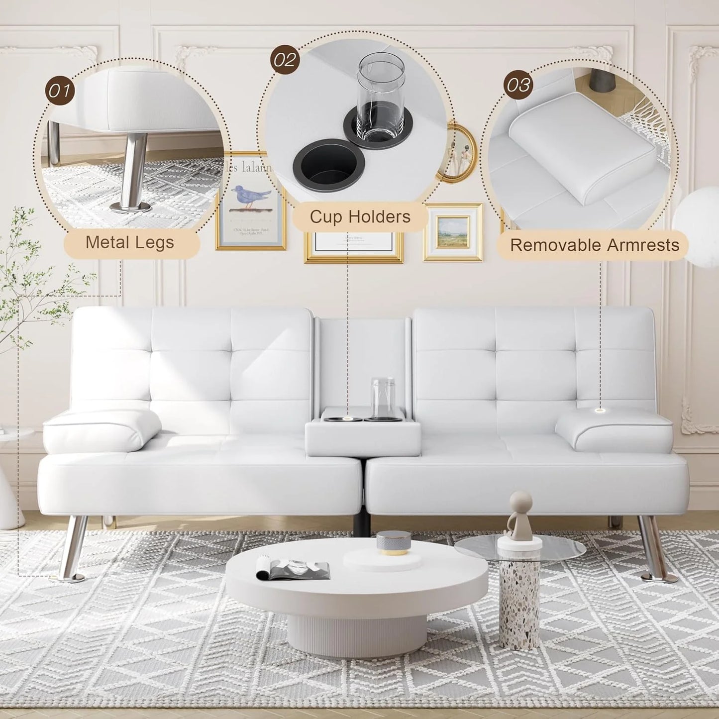 Shahoo Convertible Folding Futon Sofa Bed Sleeper Couch for Living Room Faux Leather Upholstered Loveseat w/Removable Armrests, Metal Legs, 2 Cup Holders, Black