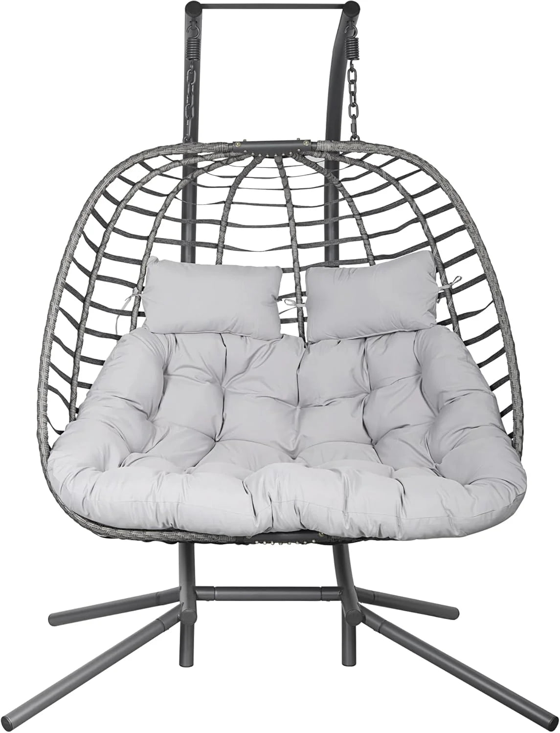 HWB Hanging Egg Chair with Stand, Patio Wicker Hammock Egg Swing Chair with Cushion for Bedroom Garden Indoor Outdoor (Beige)