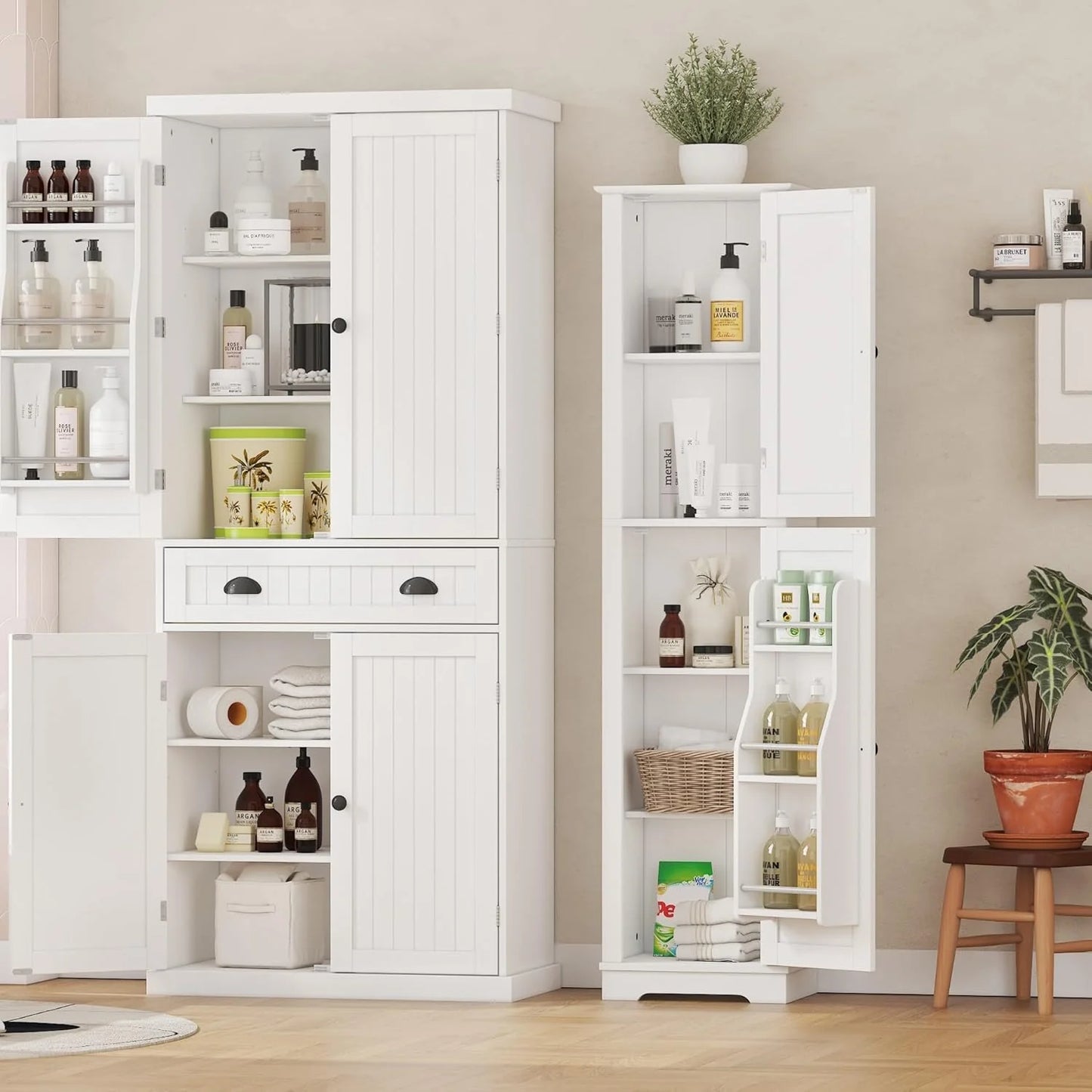 Tall Pantry Cabinet, Freestanding Storage Cabinet, Wooden Kitchen Pantry with 4 Doors and 5 Shelves, 72" Floor Cabinet Organizer