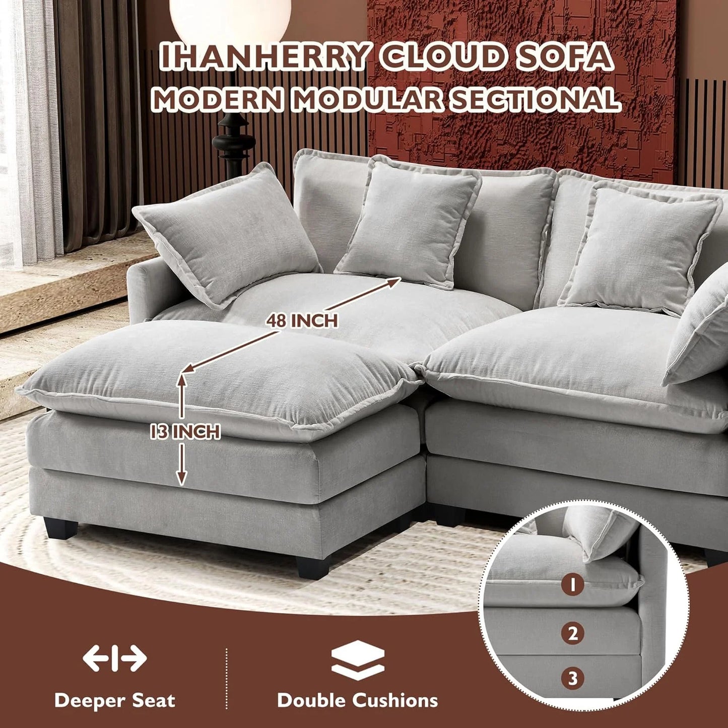 111.4 Inch L-Shaped Modern Sofa Modular Cloud Sofa with Ottoman, 4-Seater Chenille Deep Seat Sofa with Pillows for Living Room, Bedroom and Apartment, Beige