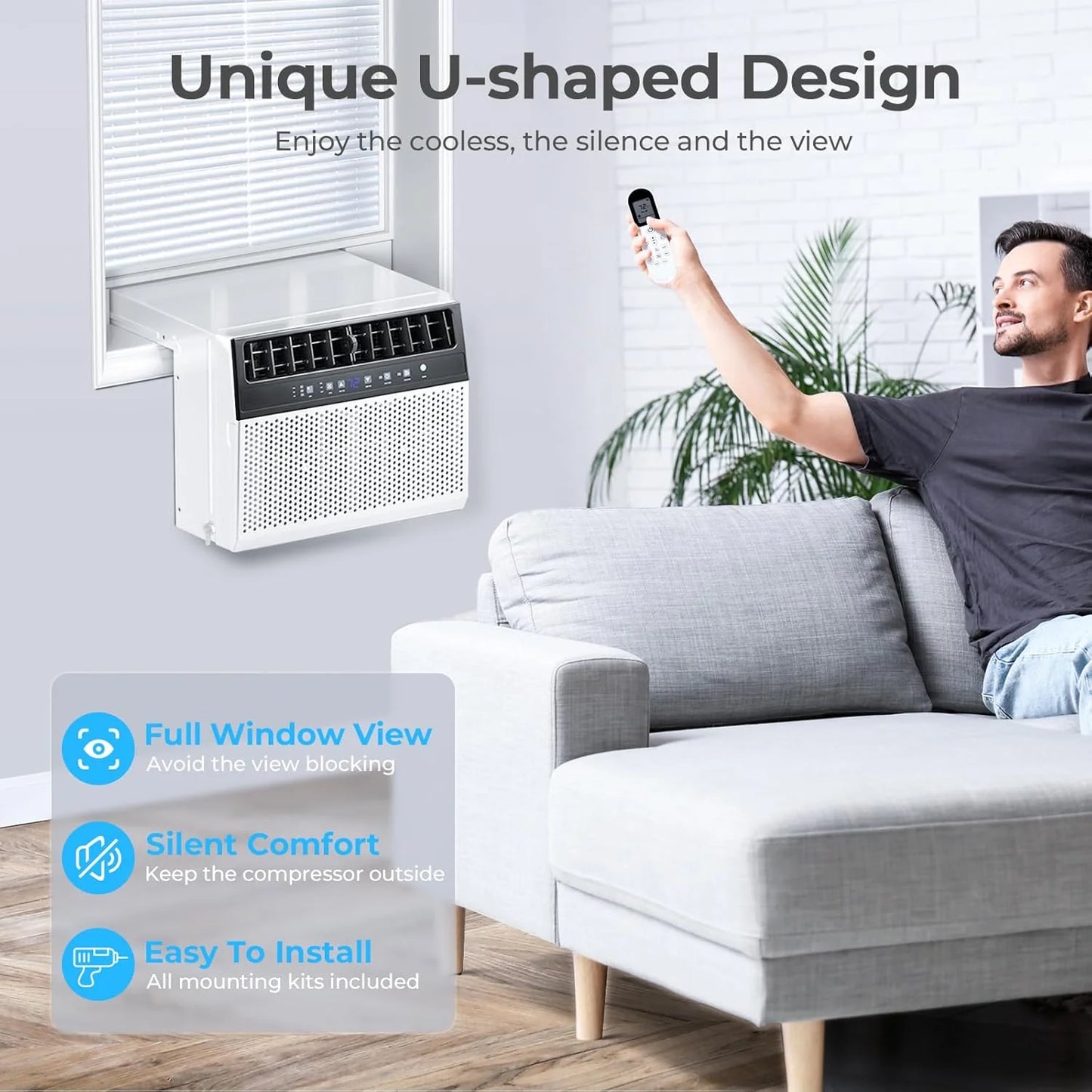 U-Shaped Window Air Conditioner, 12000BTU Window AC Unit, Cools up to 550 sq. ft., 6 Modes, Saddle Shape Window AC Unit, Full Window View, Energy Efficient