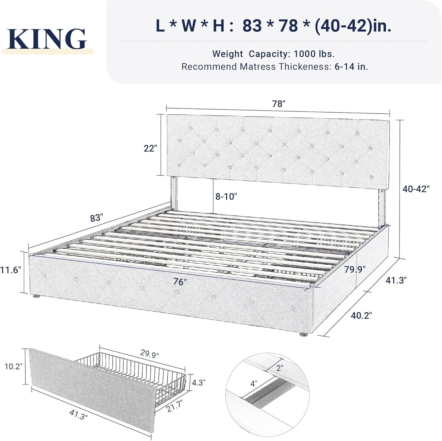 Allewie Upholstered Queen Size Platform Bed Frame with 4 Storage Drawers and Headboard, Square Stitched Button Tufted, Mattress Foundation with Wooden Slats Support, No Box Spring Needed