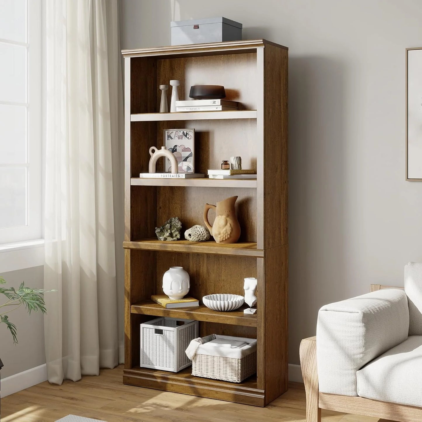 70-Inch Tall White Bookcase 5 Tiers Shelves Open Storage Bookshelf