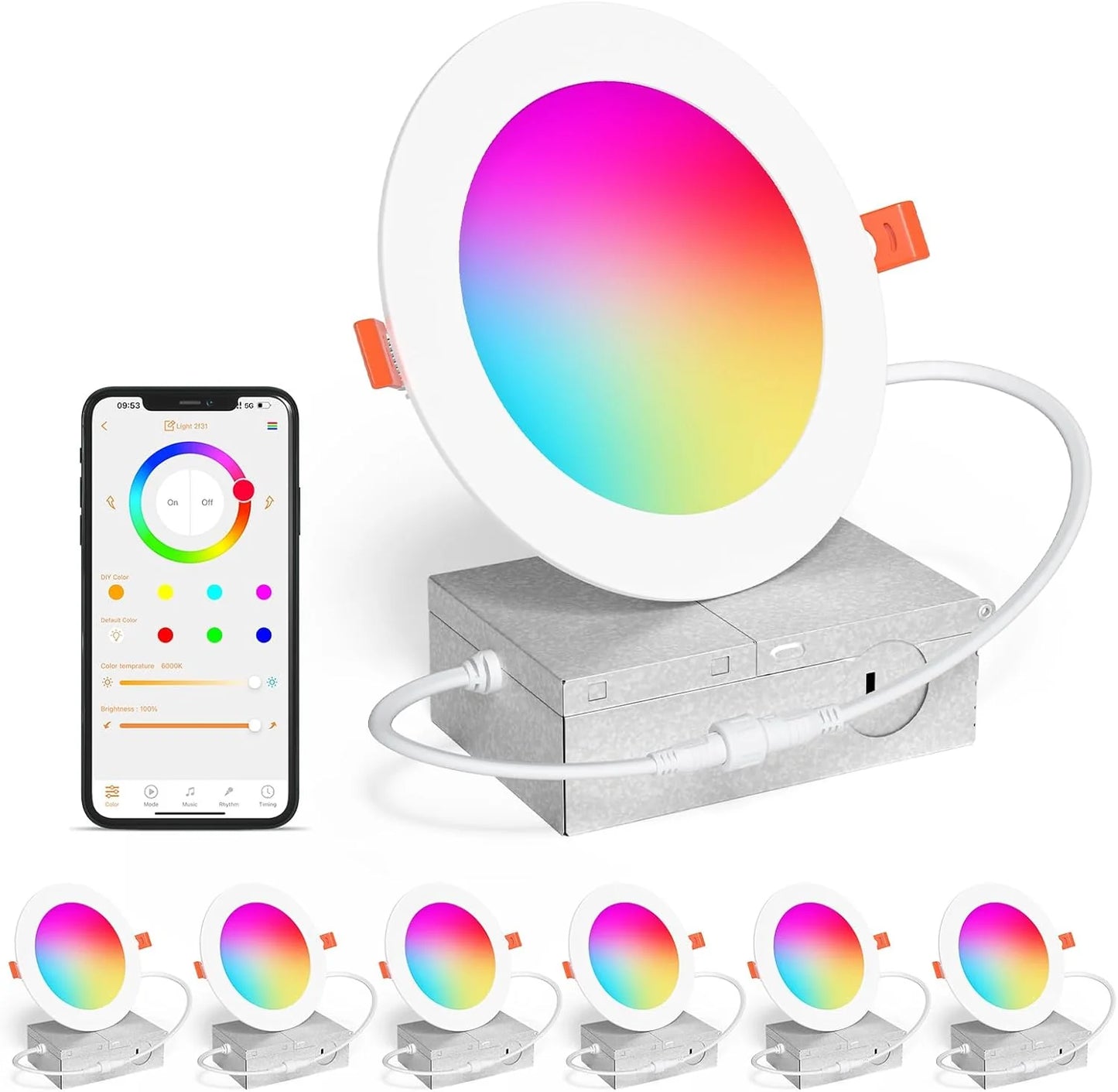 Smart Recessed Lighting 4" RGBCW Color Changing 12W LED Downlight with Junction Box