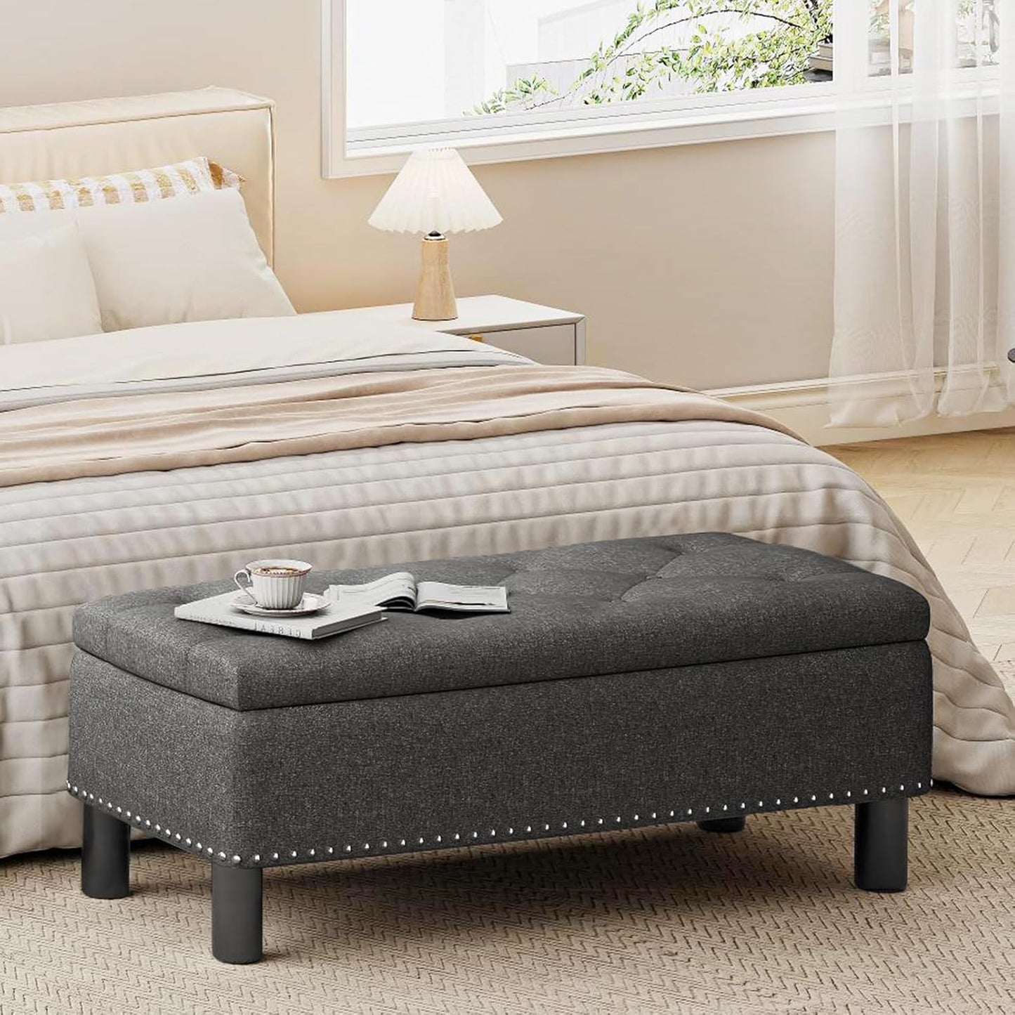 Furniliving Modern Storage Ottoman Bench, Sherpa Ottoman End of Bed Bench with Solid Wood Legs Upholstered Ottoman Benches with Storage Indoor Bench