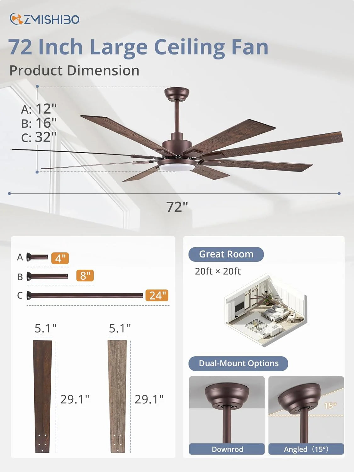 Zmishibo 72-inch large ceiling fan with lighting and remote indoor/outdoor