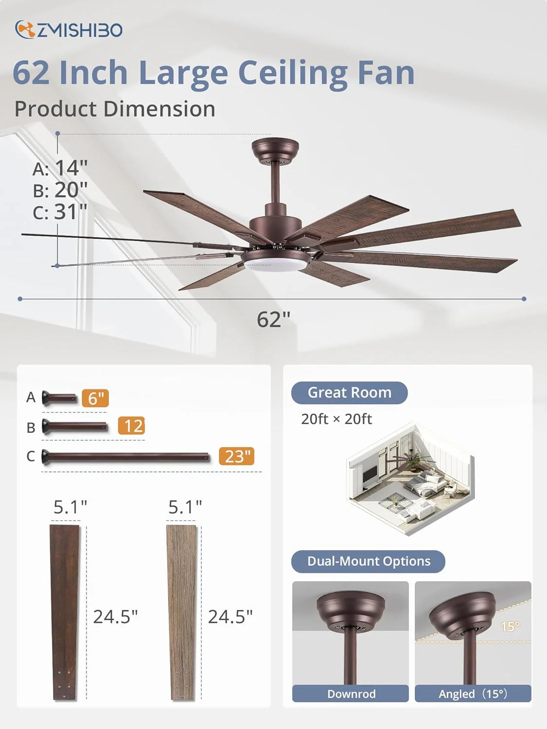 Zmishibo 72-inch large ceiling fan with lighting and remote indoor/outdoor