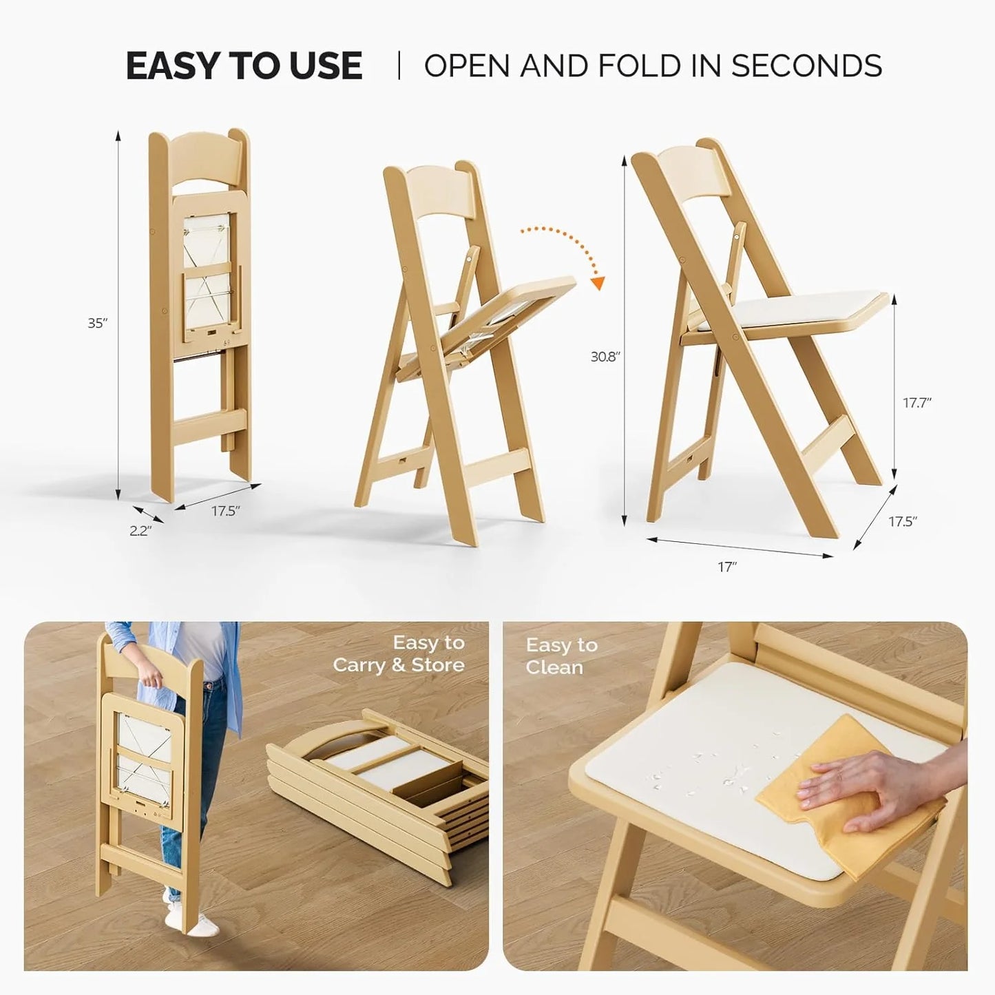 VINGLI Resin Folding Chair with Cushion Foldable Plastic Chair with Comfortable Cushioned Seat