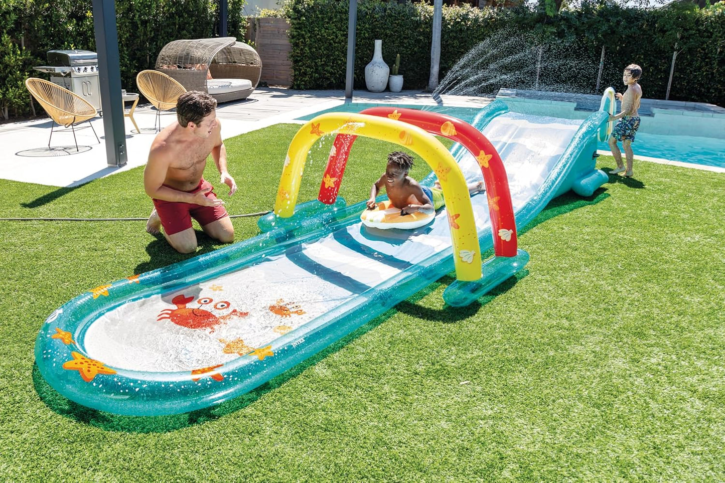 Intex 96" x 78" x 28" Inflatable Jungle Adventure Play Center Spray Kiddie Pool - Backyard Kids Water Slide, Outdoor Blow-Up Splash Pad for Toddlers