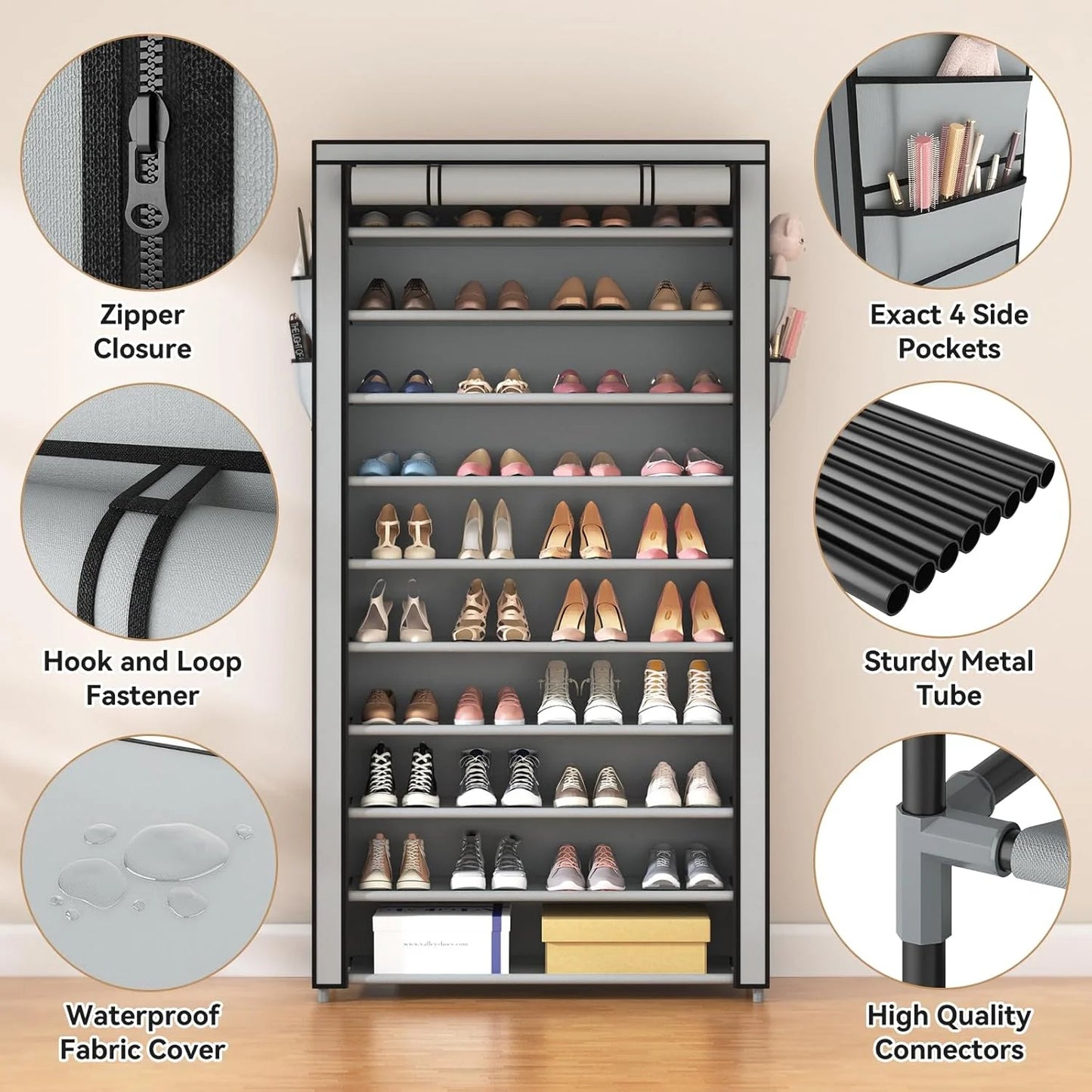 ROJASOP 10 Tier Shoe Rack with Covers,Large Capacity Stackable Tall Shoe Shelf Storage to 50-55 Pairs Shoes and Boots Sturdy Metal Free Standing Shoe Rack Organizer for Closet Entryway Garage