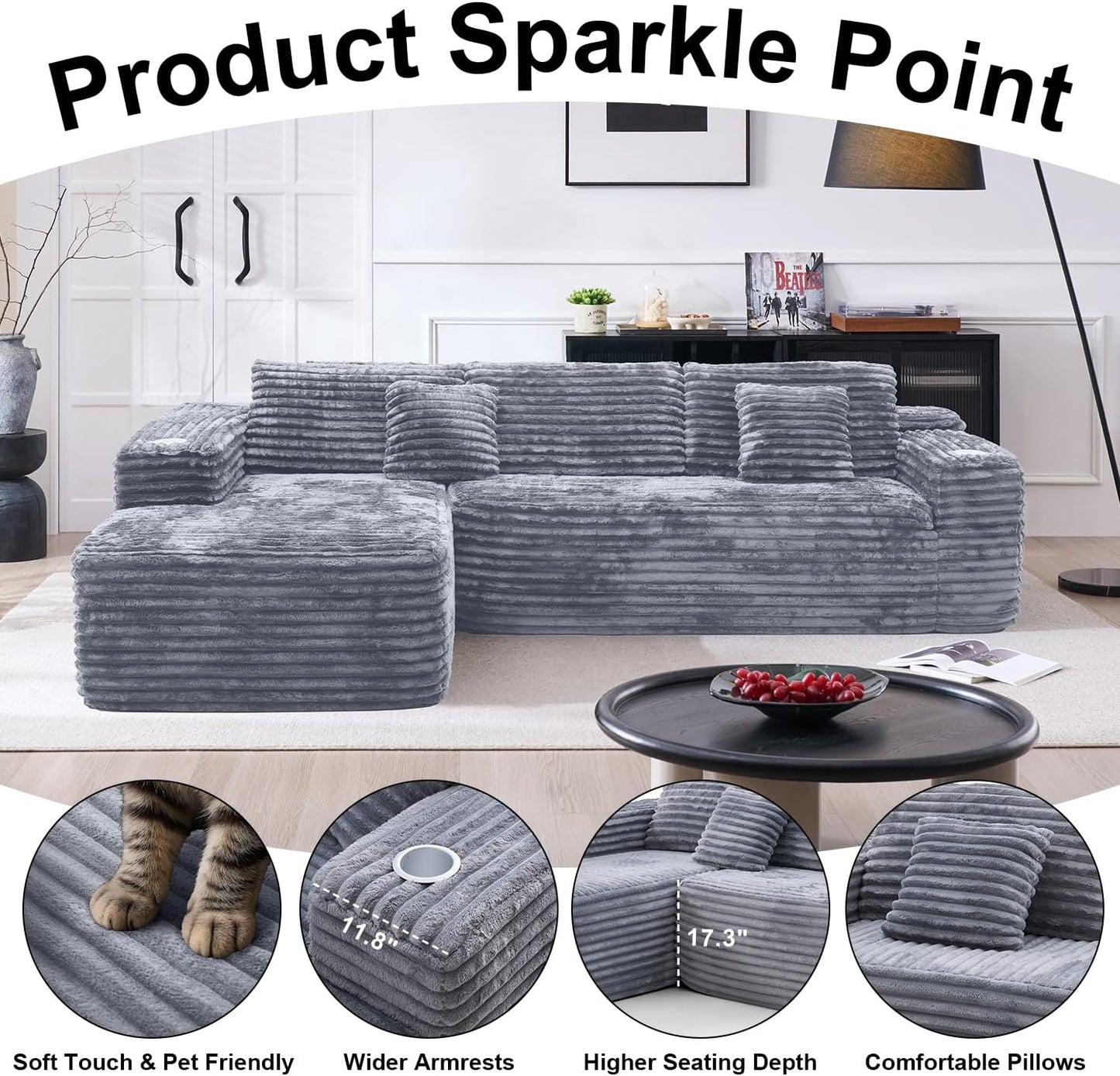 Cloud Sectional Couch with L-Shape Chaise, Modern Modular Sofa with Deep Seat, Built-in Cup Holder & Storage Pocket