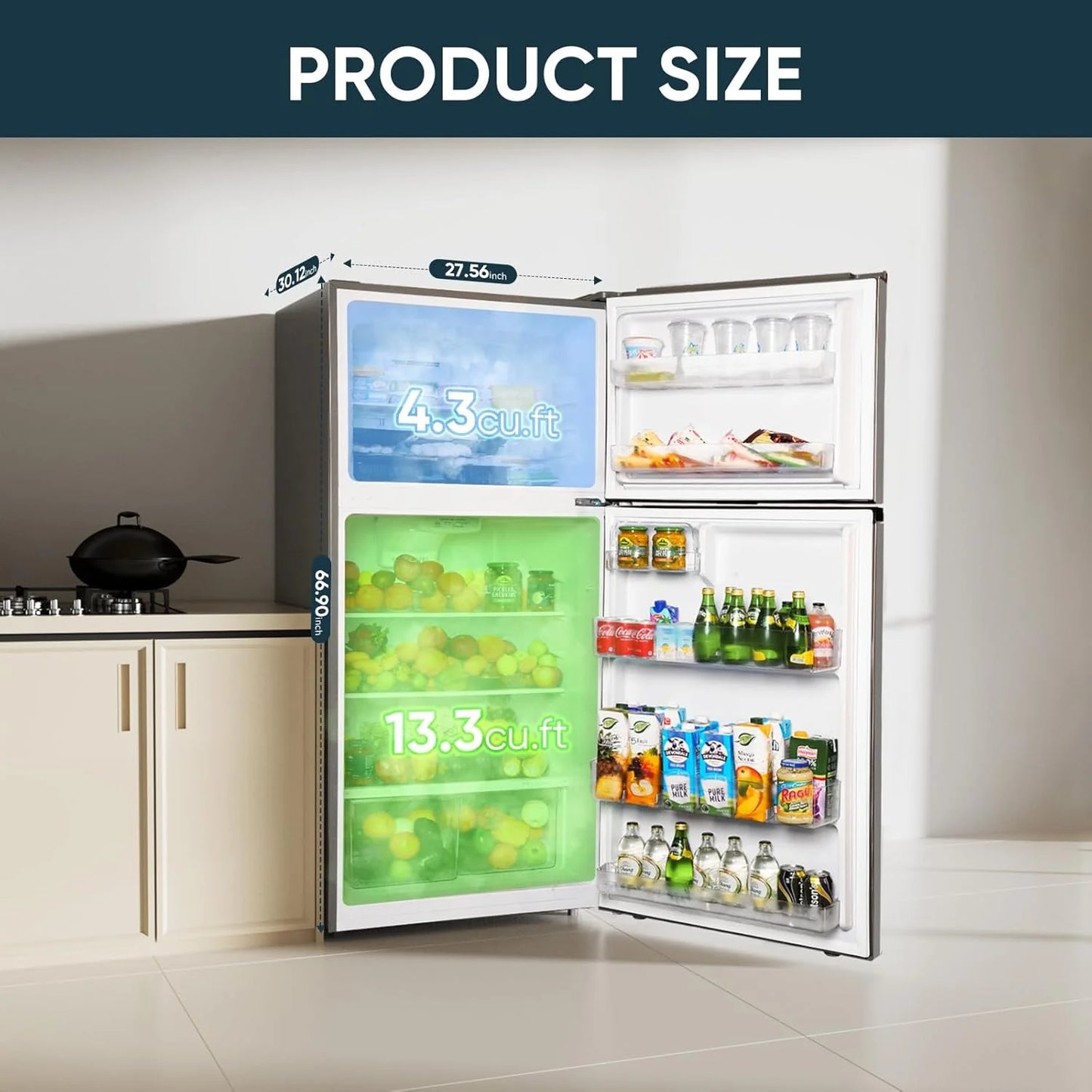 Upstreman 7.7 Cu.Ft. Refrigerator with Freezer, Double Door, Adjustable Thermostat, Large Capacity, Reversible Door Swing, Refrigerator for Apartment, Office, Dorm, Stainless (BD75)