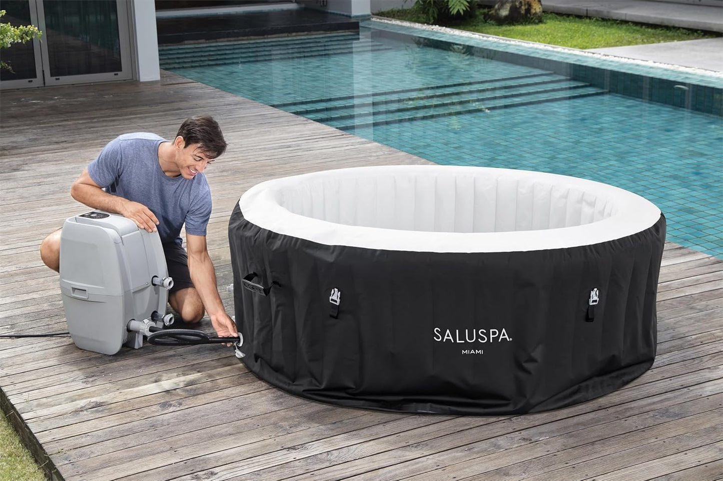 Bestway SaluSpa Miami EnergySense AirJet Inflatable Hot Tub Spa (71" x 26") | Portable Hot Tub with 2 Covers (1 Energy-Efficient Thermal Cover and 1 Standard Cover) | Fits Up to 2-4 Persons | Black