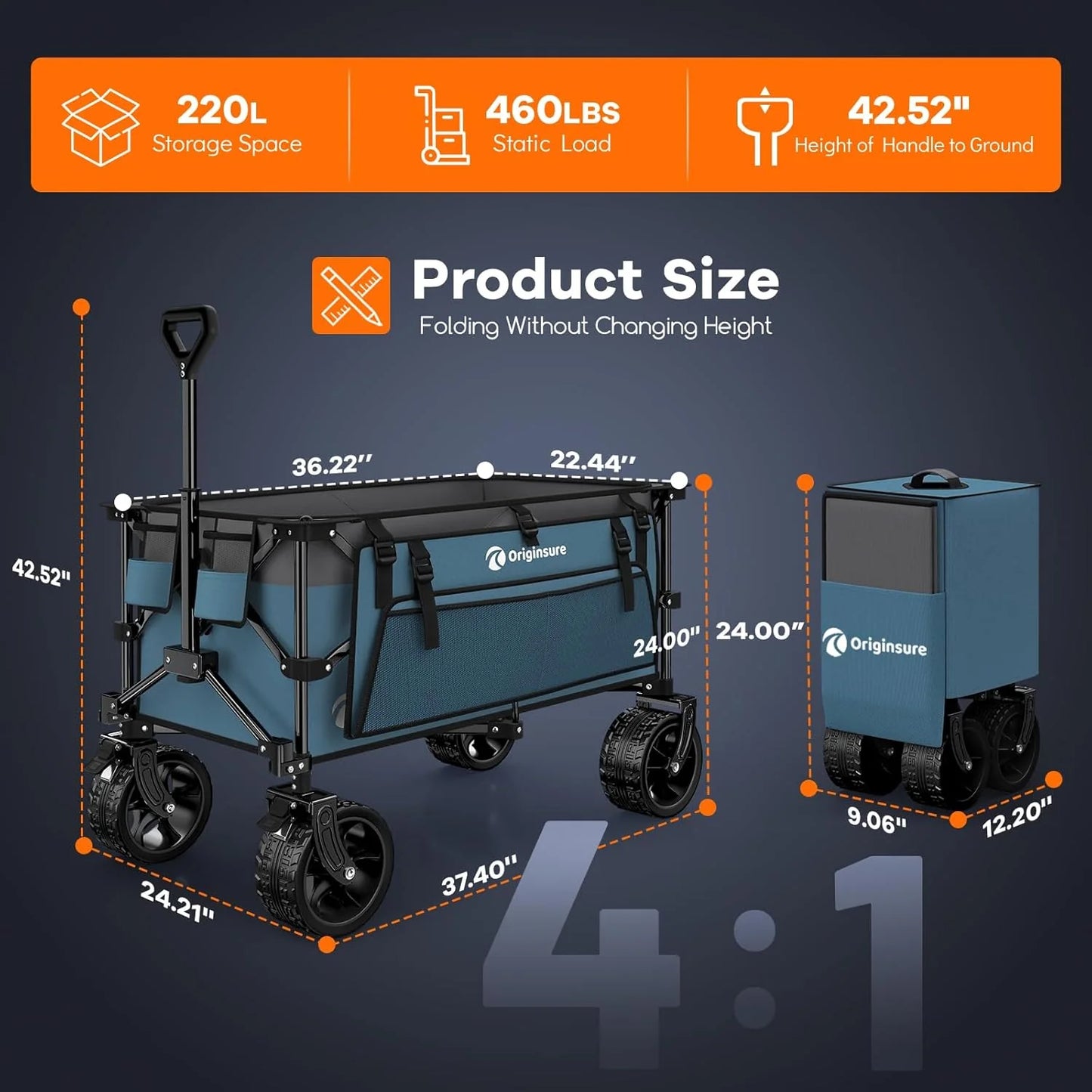 38" long foldable four-wheel stroller, foldable, 460 lb capacity, 220 liter heavy-duty folding beach stroller with large all-terrain tires