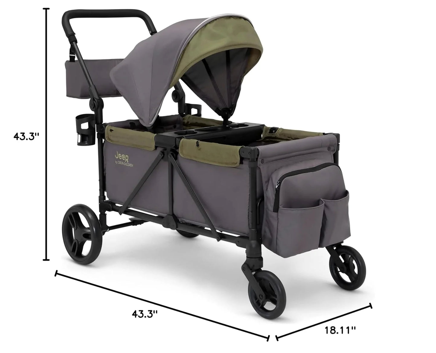 Jeep Sport All-Terrain Stroller Wagon by Delta Children - Includes Canopy, Parent Organizer, Adjustable Handlebar, Snack Tray & Cup Holders, Grey/Olive Green