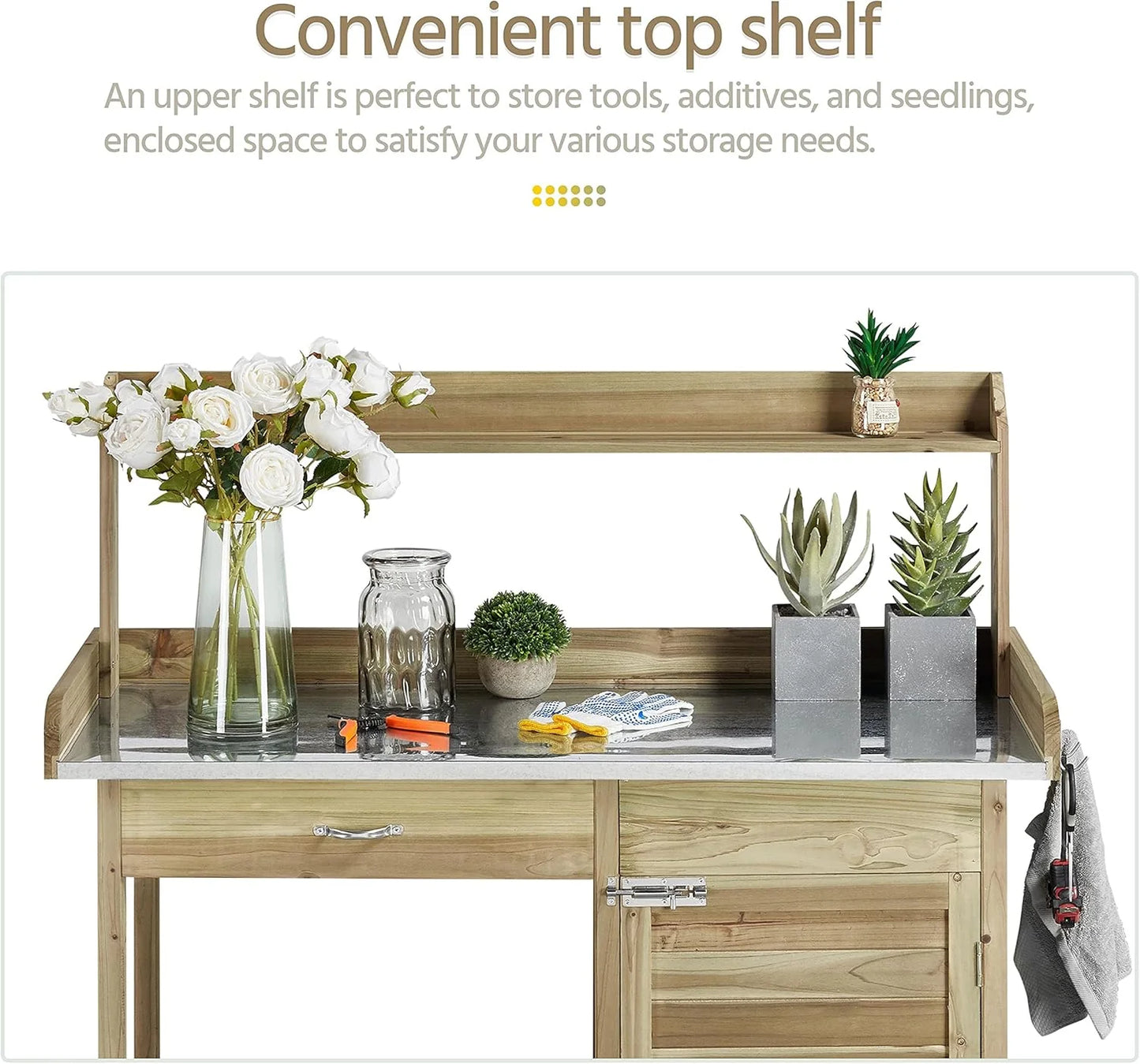 Yaheetech Outdoor Garden Potting Bench Table Work Bench Metal Tabletop W/Cabinet Drawer Open Shelf Natural Wood