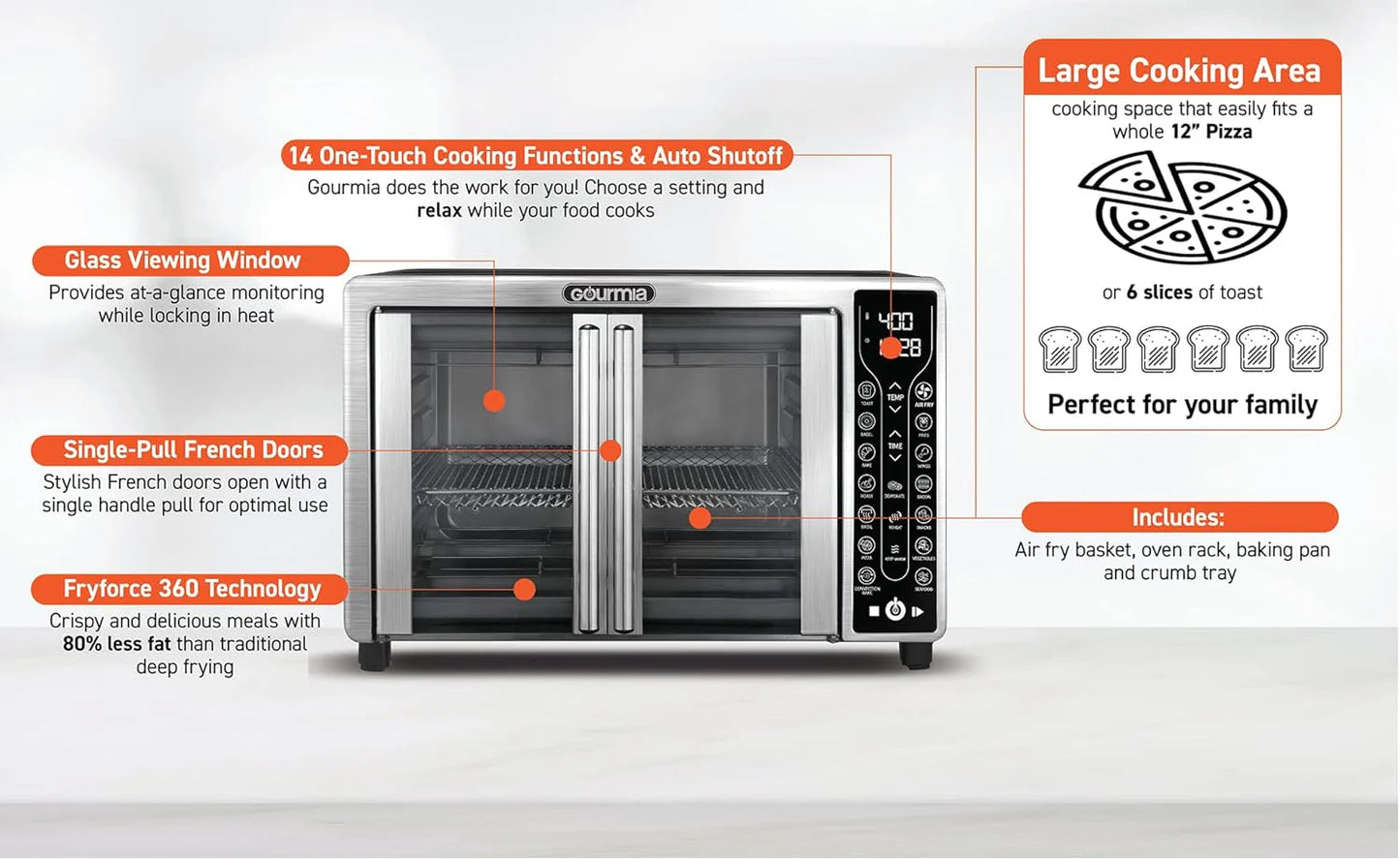 Gourmia Oven Air Fryer Combo with 17 Cooking Presets, 24L Capacity, Convection Rack, Baking Tray, Recipe Book GTF7460