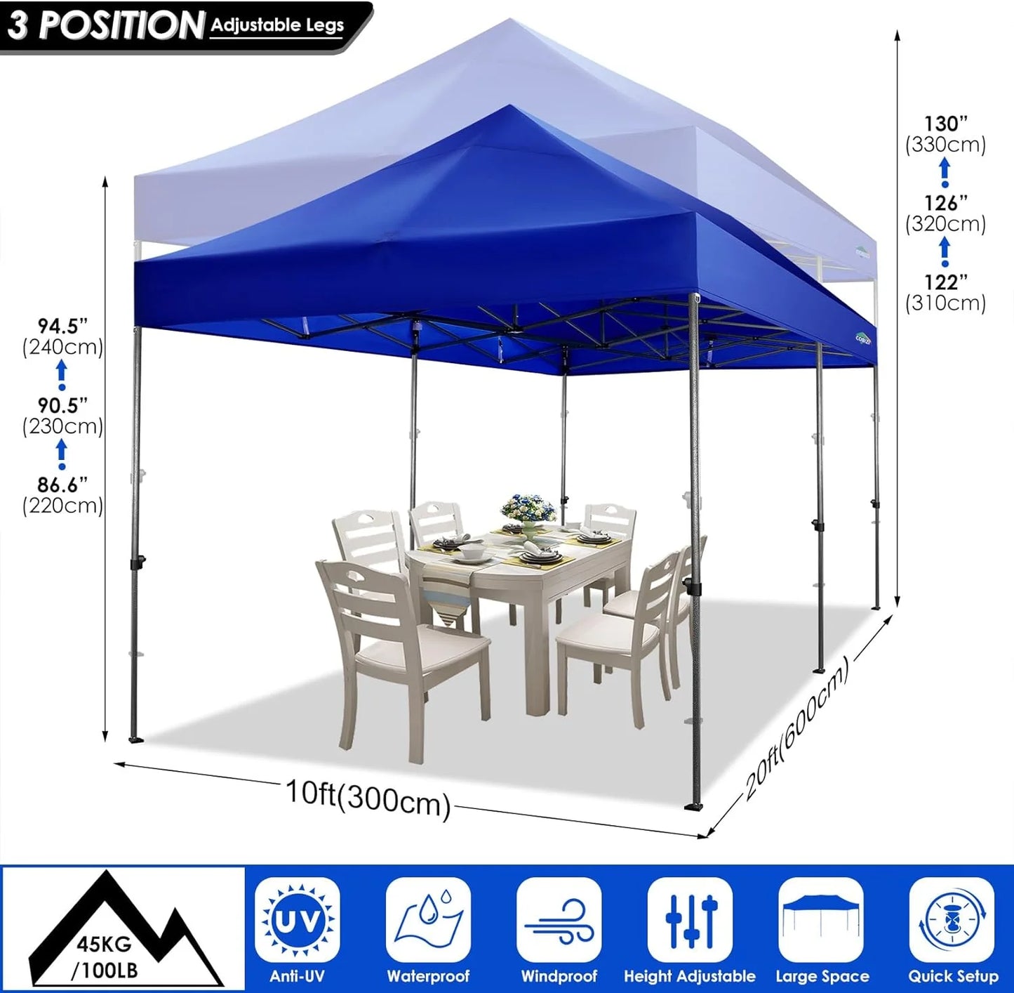COBIZI 10x20 Heavy Duty Pop up Canopy Tent with 6 sidewalls Easy Up Commercial Outdoor Canopy Wedding Party Tents for Parties All Season Wind & Waterproof Gazebo with Roller Bag,Black(Frame Thickened)