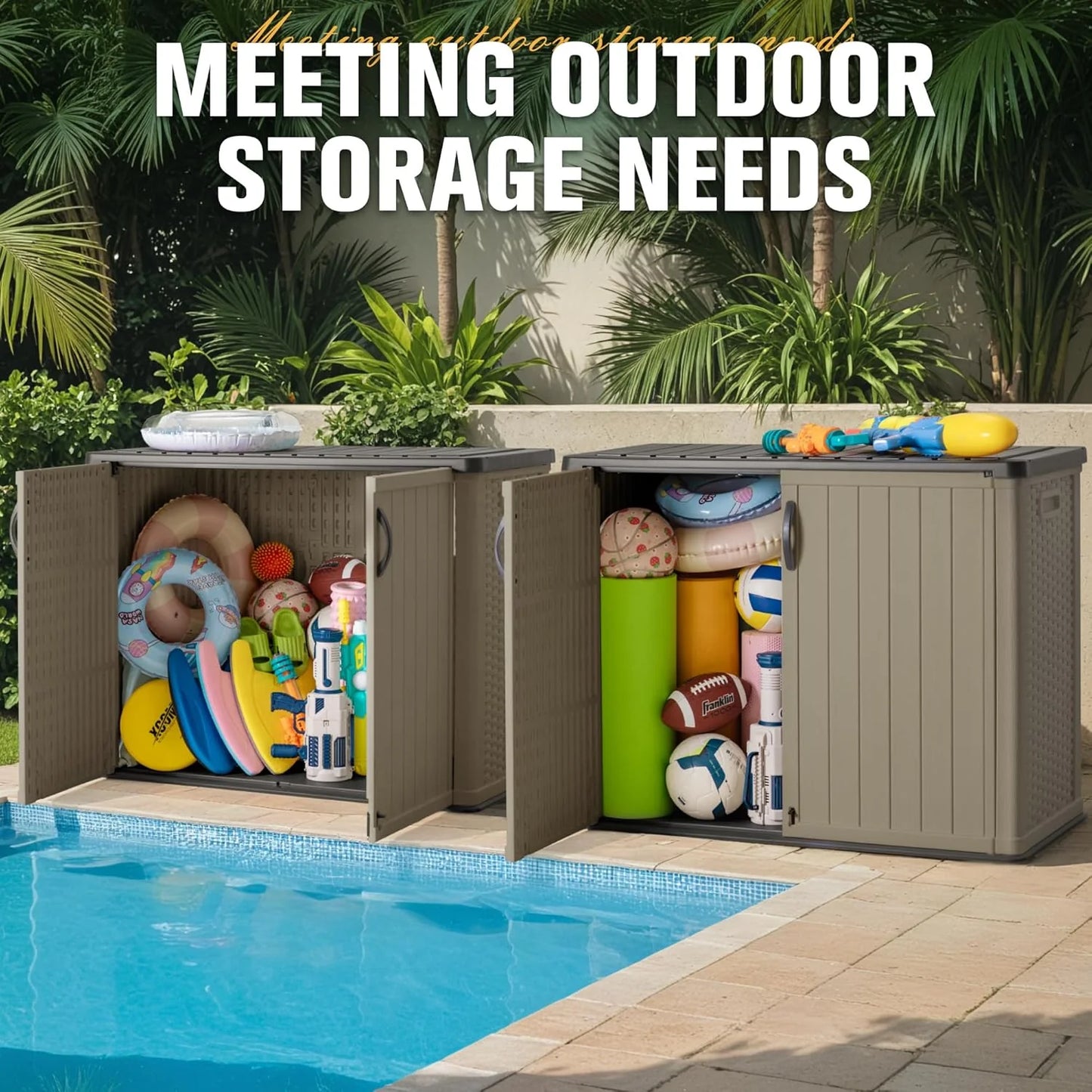 Greesum Outdoor Horizontal Storage Shed 27 Cu.ft Resin Large Storage Box for Garden, Patio, Backyard