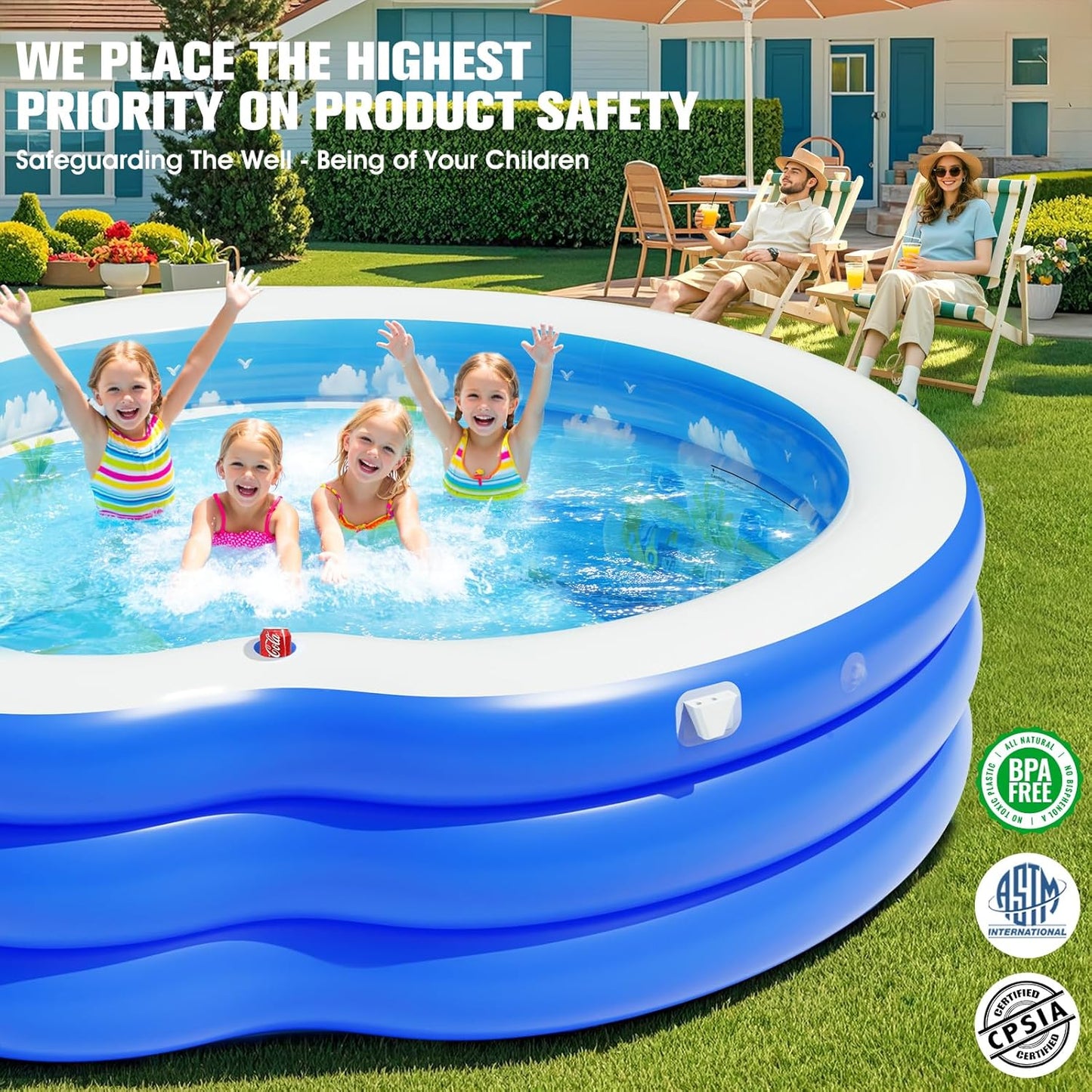 2025 Upgraded Inflatable Pool with Canopy, Inflatable Family Lounge Pool, Round Blow Up Pool for Adult with Bench & Backrest, Swim Center Easy Backyard Pools for Kids & Adults, 92"x92"x26", Blue