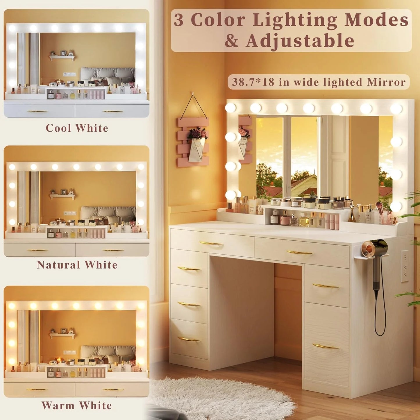 Vanity Desk with Mirror and Lights 39.3in Makeup Vanity with Large Mirror