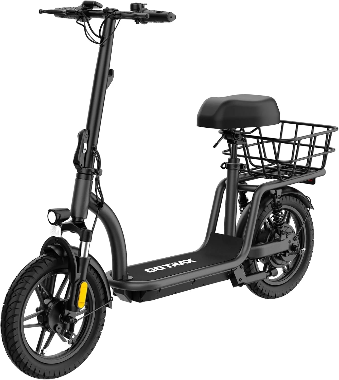 Gotrax adult electric scooter with seat, maximum range of 19-25 miles, all-terrain tires, wide pedals, padded seat, and carrycot