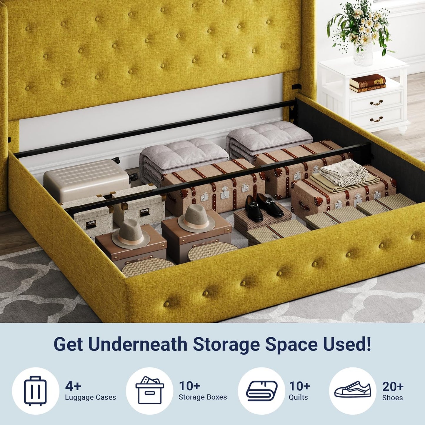 Allewie Queen Size Lift Up Storage Bed, Modern Wingback Headboard, Hydraulic Support, No Box Spring Needed, Light Beige