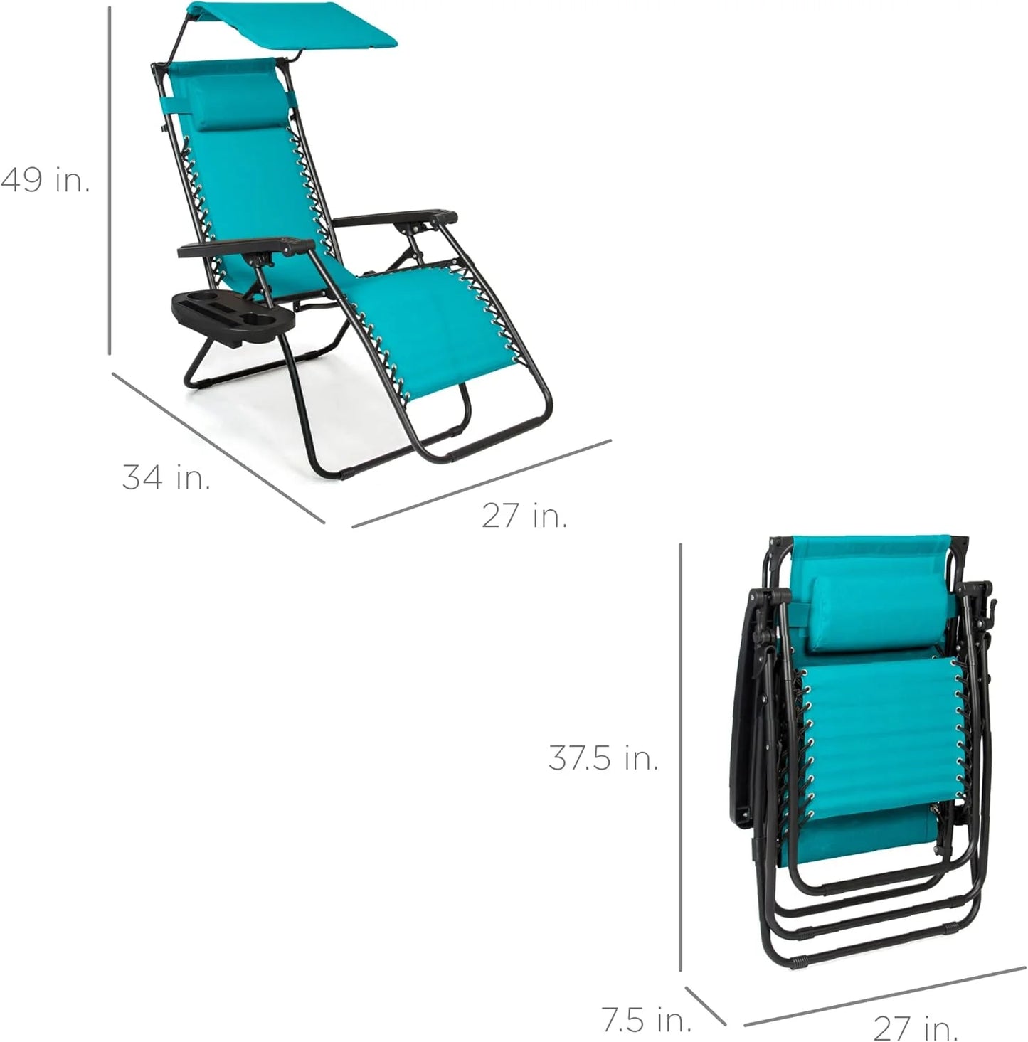 Best Choice Products Folding Zero Gravity Outdoor Recliner Patio Lounge Chair w/Adjustable Canopy Shade, Headrest, Side Accessory Tray, Textilene Mesh - Peacock Blue