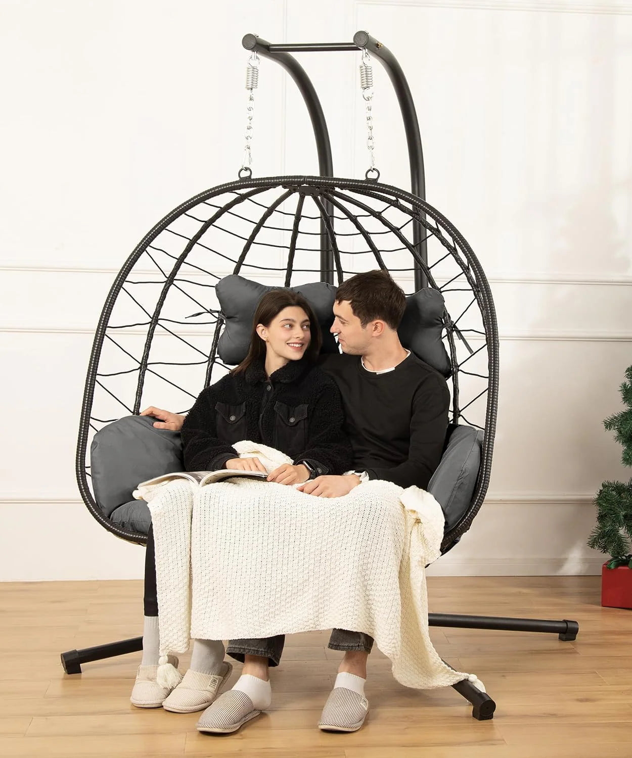 Double Egg Chair wth Stand Hammock Swing Chair Foldable Hanging Loveseat, UV Resistant Removable Cushions, 700LBS Capacity for Bedroom
