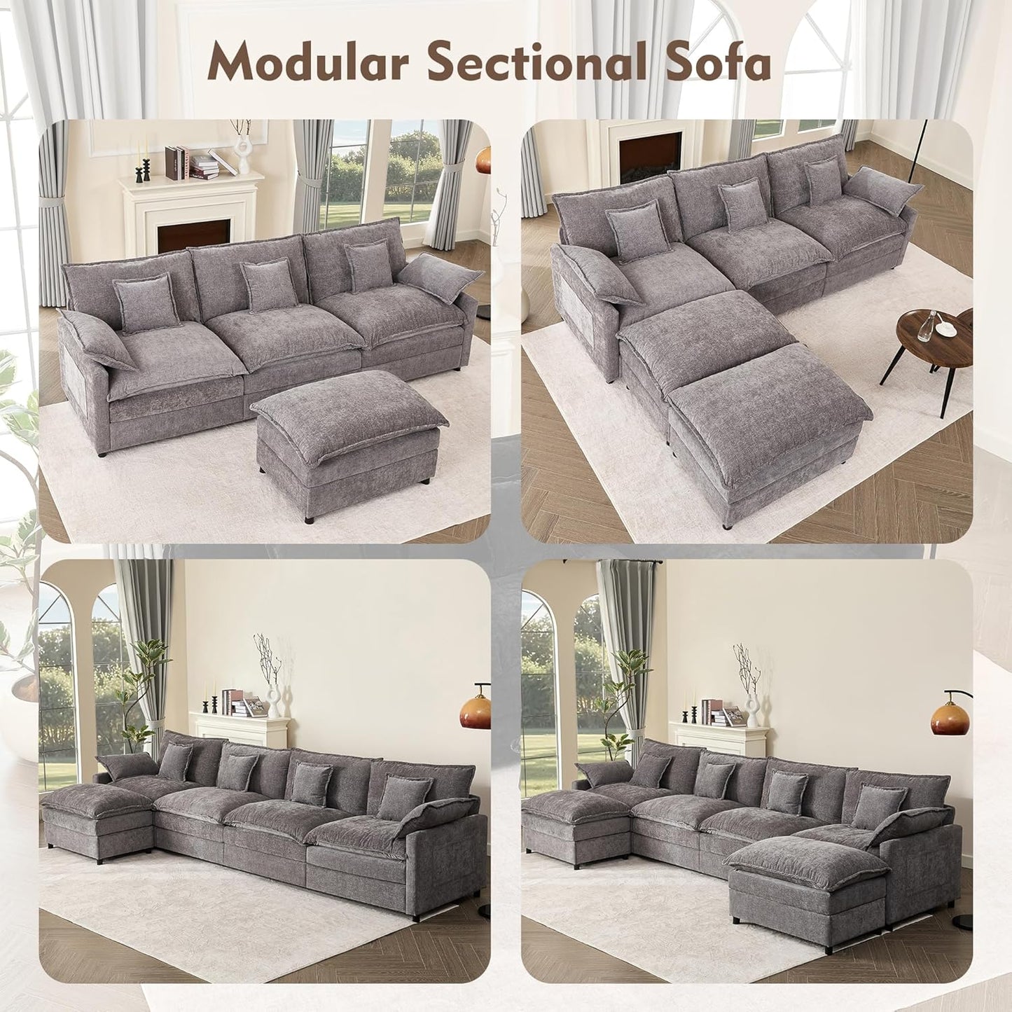 108 Inch U Shape Sofa, Sectional Sofa, Comfortable Cloud Sofa with Removable Footstool, Living Room Deep Seat Sofa, Linen, Beige