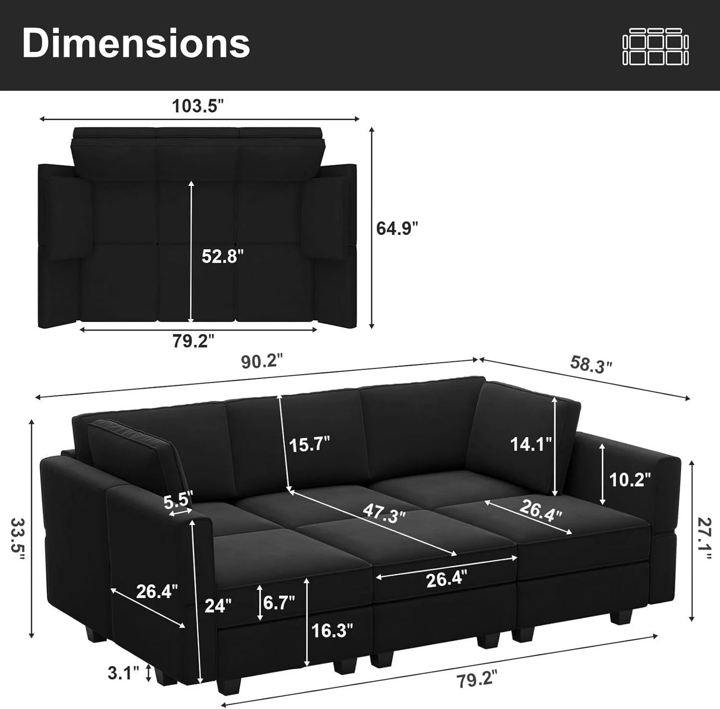 Belffin Modular Sectional Sofa with Ottomans Velvet Reversible Sleeper Chaise Bed Storage Seat Black