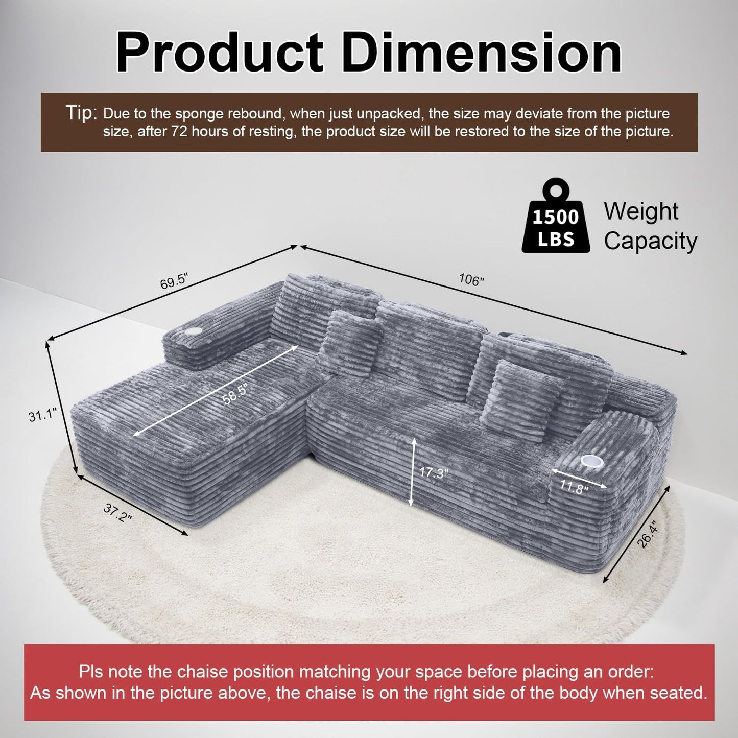 Cloud Sectional Couch with L-Shape Chaise, Modern Modular Sofa with Deep Seat, Built-in Cup Holder & Storage Pocket