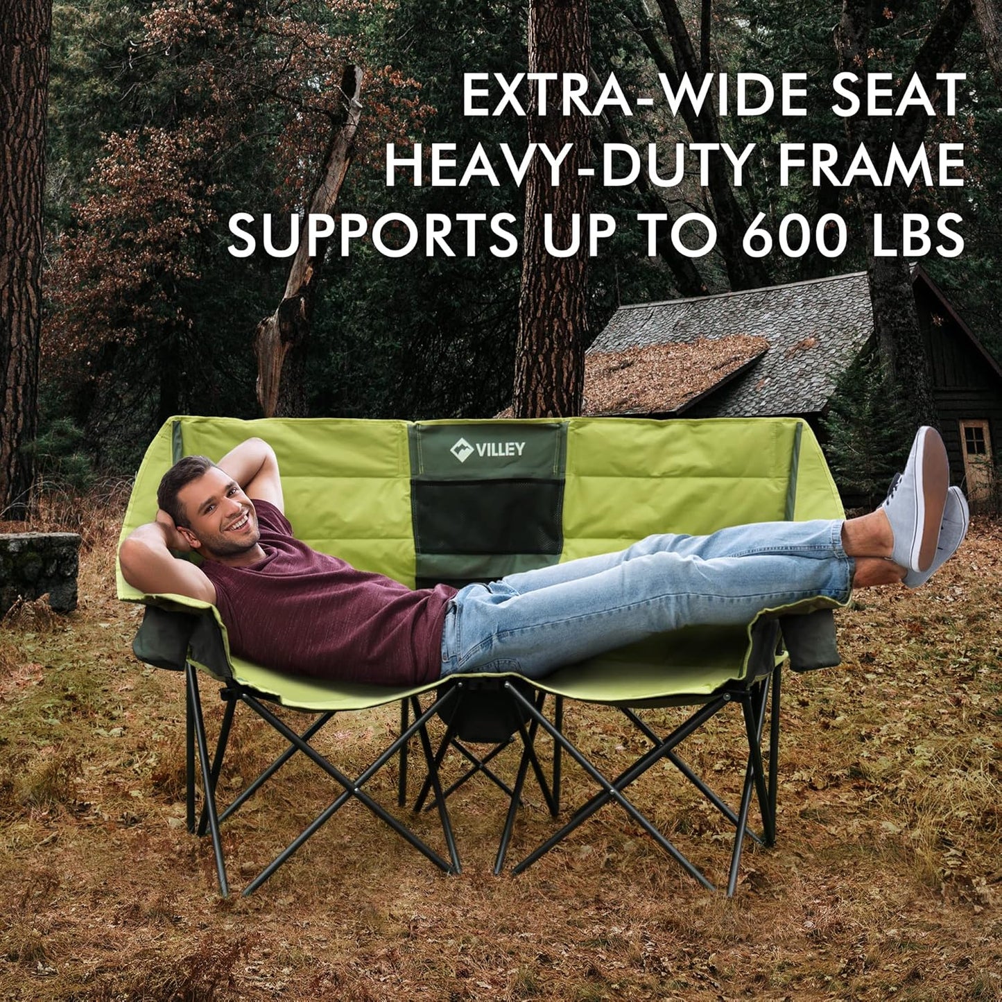 Double camping chair (with cooler bag), extra wide love seat, heavy duty padded camping sofa, portable folding chair