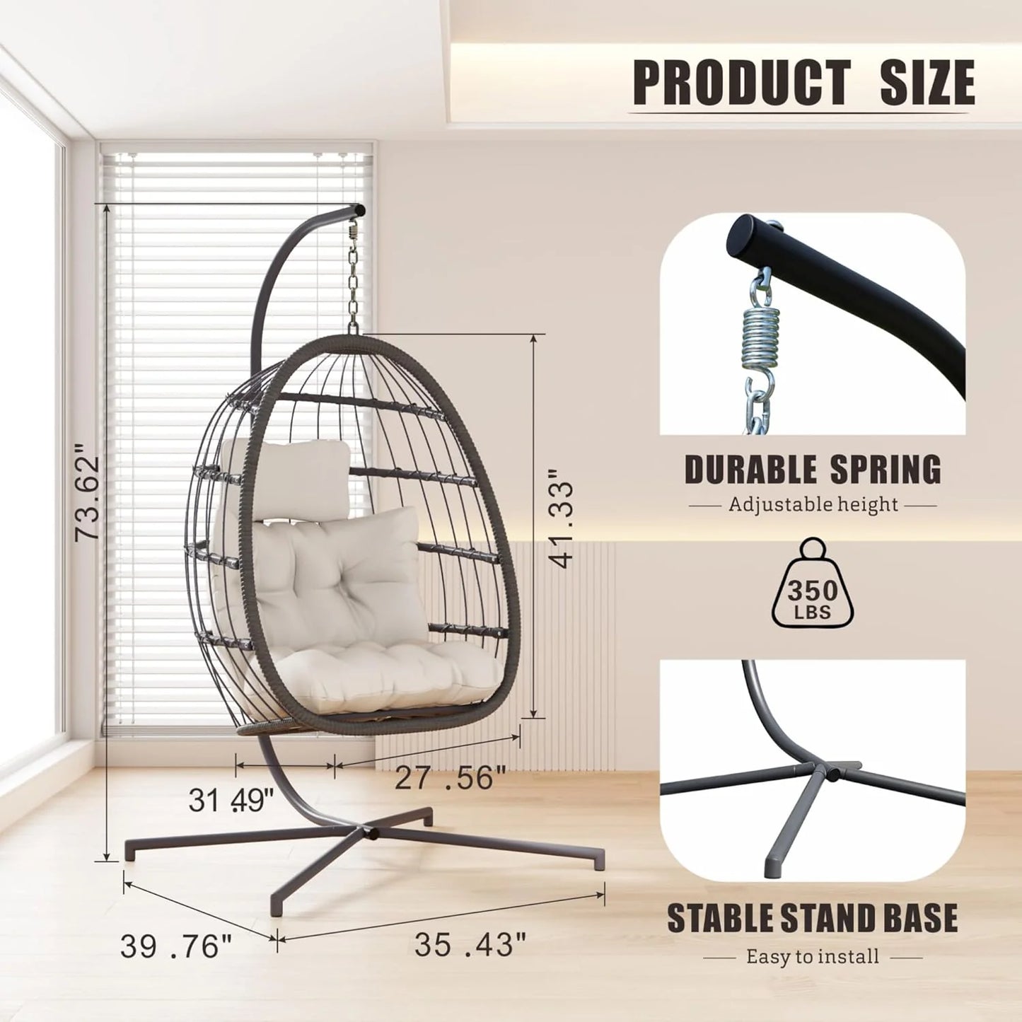 HWB Hanging Egg Chair with Stand, Patio Wicker Hammock Egg Swing Chair with Cushion for Bedroom Garden Indoor Outdoor (Beige)