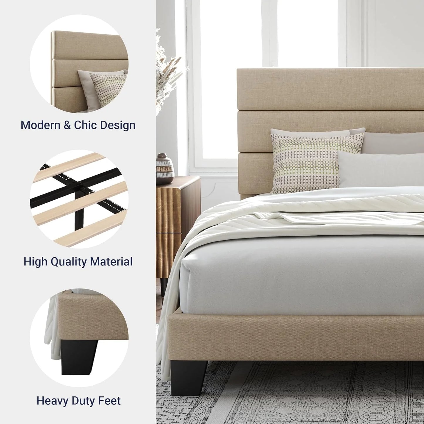 Allewie Queen Size Platform Bed Frame with Fabric Upholstered Headboard and Wooden Slats Support, Fully Upholstered Mattress Foundation/No Box Spring Needed