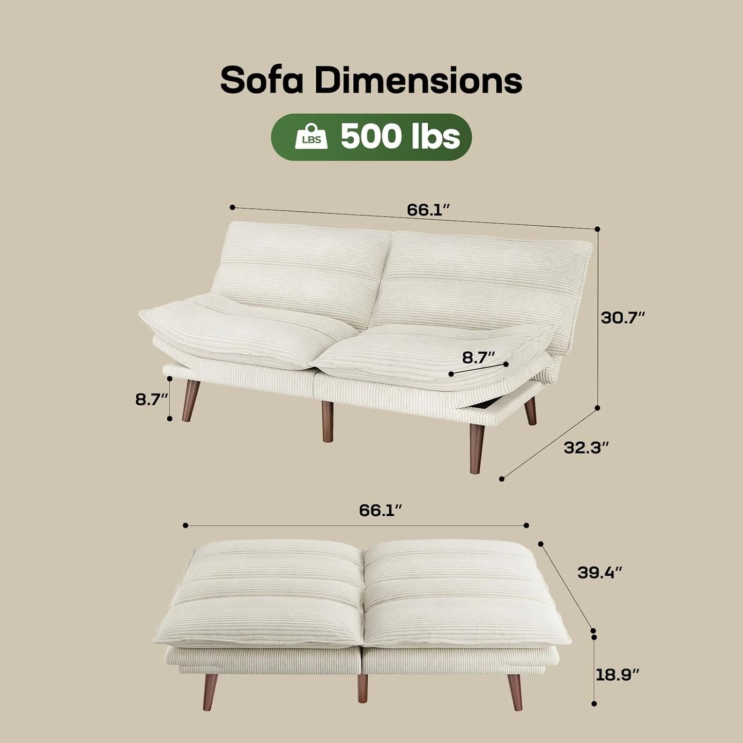 Futon Sofa Bed, Futon Sofa with Adjustable Back and Armrests, Converts to Small Sleeper Sofa Bed Corduroy Loveseat Green