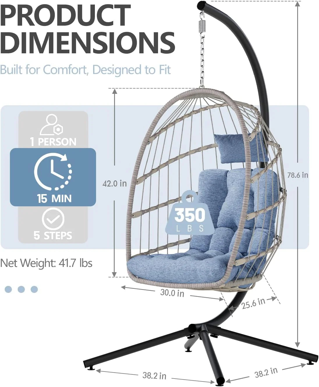 SWITTE Egg Chair Outdoor with Stand, Indoor Wicker Hanging Egg Swing Chair with Cushion, 350lbs Capacity for Patio, Bedroom