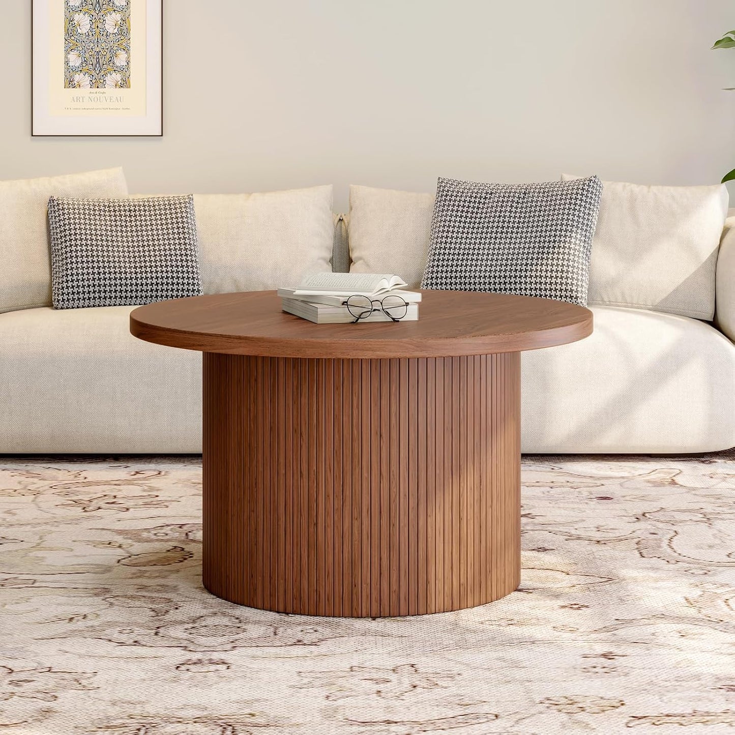 31.5 inch round coffee table, living room roll-up coffee table, mid-century modern wood coffee table