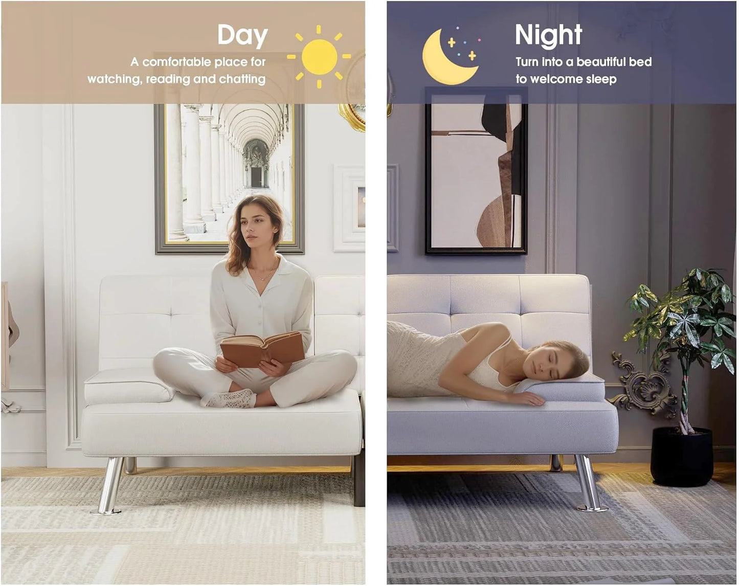 Flamaker Futon Sofa Bed Modern Folding Futon Set Convertible Recliner Lounge for Living Room with 2 Cup Holders, Removable Armrests (PU Leather, Black)