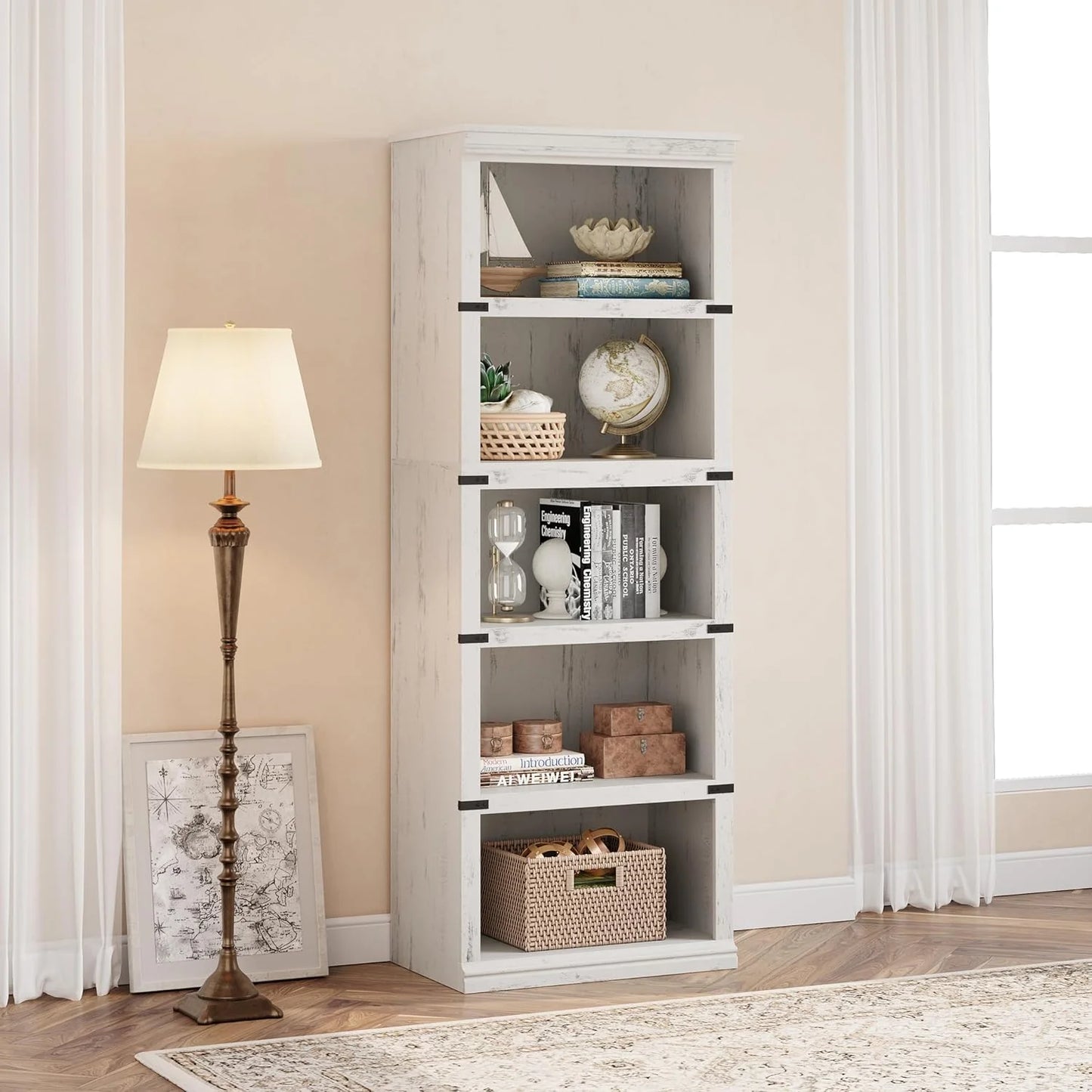 5 Tier Bookcase Farmhouse Book Shelf with Storage Open Display Bookshelves