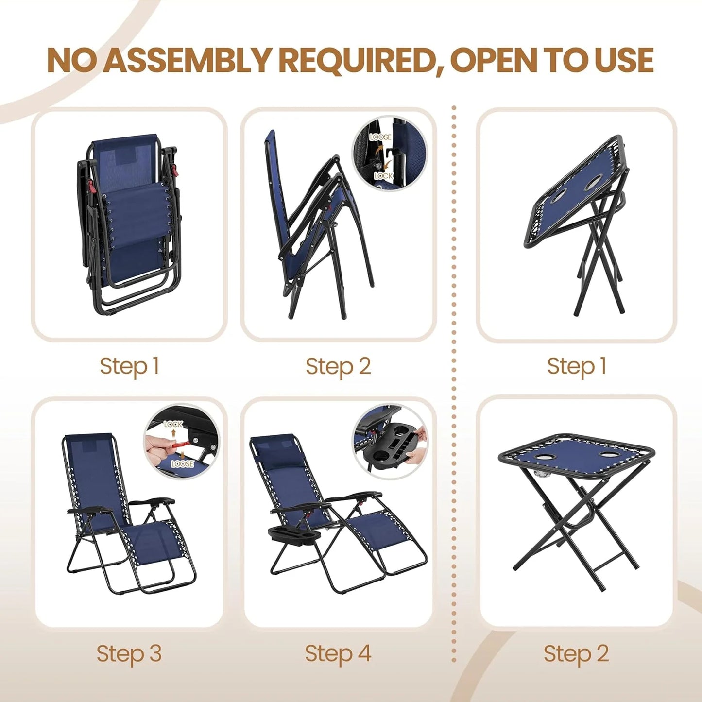 3PCS Zero Gravity Recliner Portable Outdoor Reclining Chair Set w/Side Table Folding Chaise Lounge Chairs