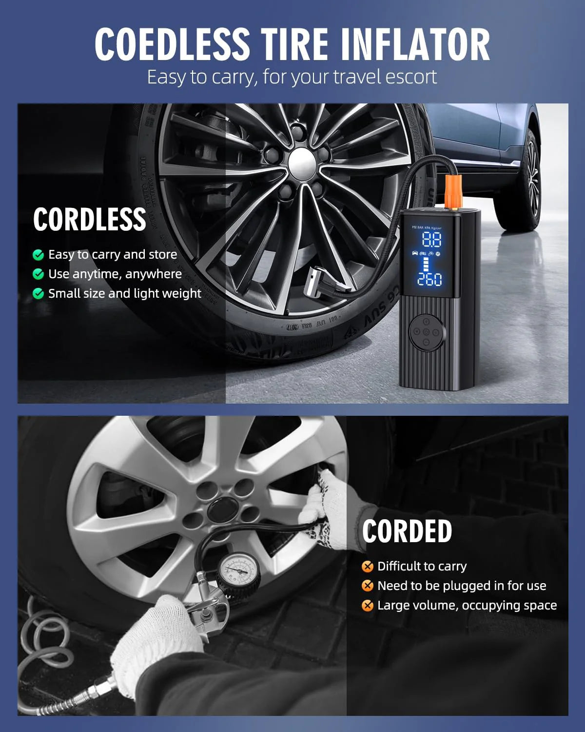 Tire Inflator Portable Air Compressor, 180PSI Portable Air Compressor with with LED Light, 25000mAh & 3X Faster Inflation Air Pump for Car, Bike, Motorcycle, Ball and more