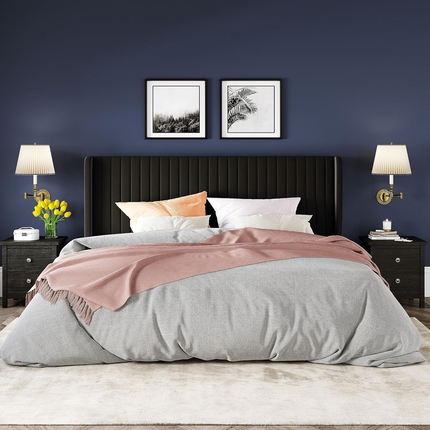 Allewie Full Size Velvet Bed Frame/Vertical Channel Tufted Wingback Headboard/Upholstered Platform Bed/Strong Wooden Slats/No Box Spring Needed/Easy Assembly/White