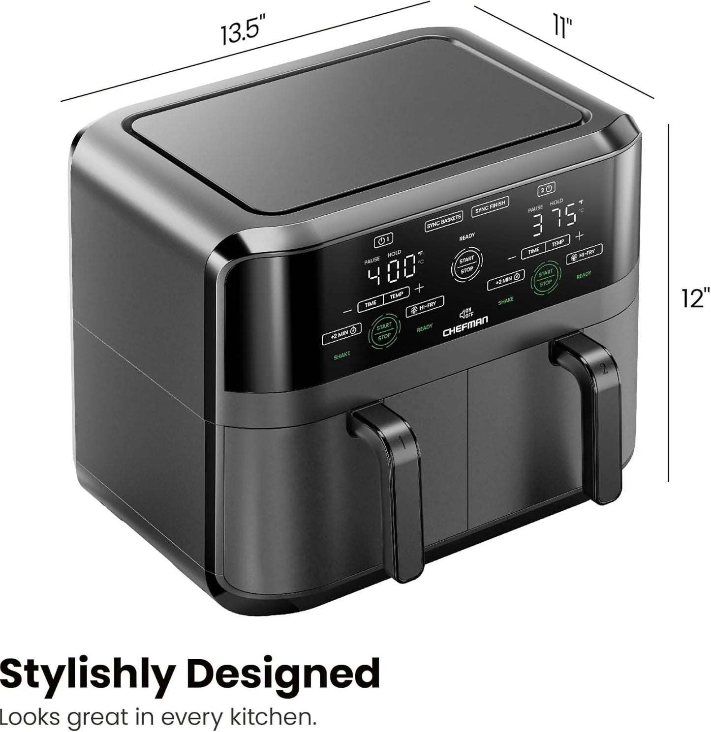 Chefman 6-Quart Dual Basket Air Fryer - Digital Touchscreen, Smart Sync Finish, High-Frying, Auto-Off, 2 Independent 3-Quart Nonstick Pans, Dishwasher-Safe Baskets