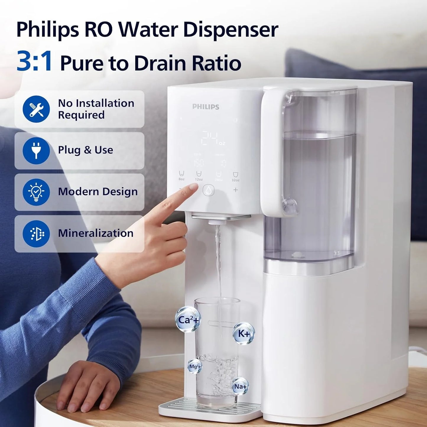 Reverse osmosis water filter countertop, Philips 5-inch water filtration system purifier