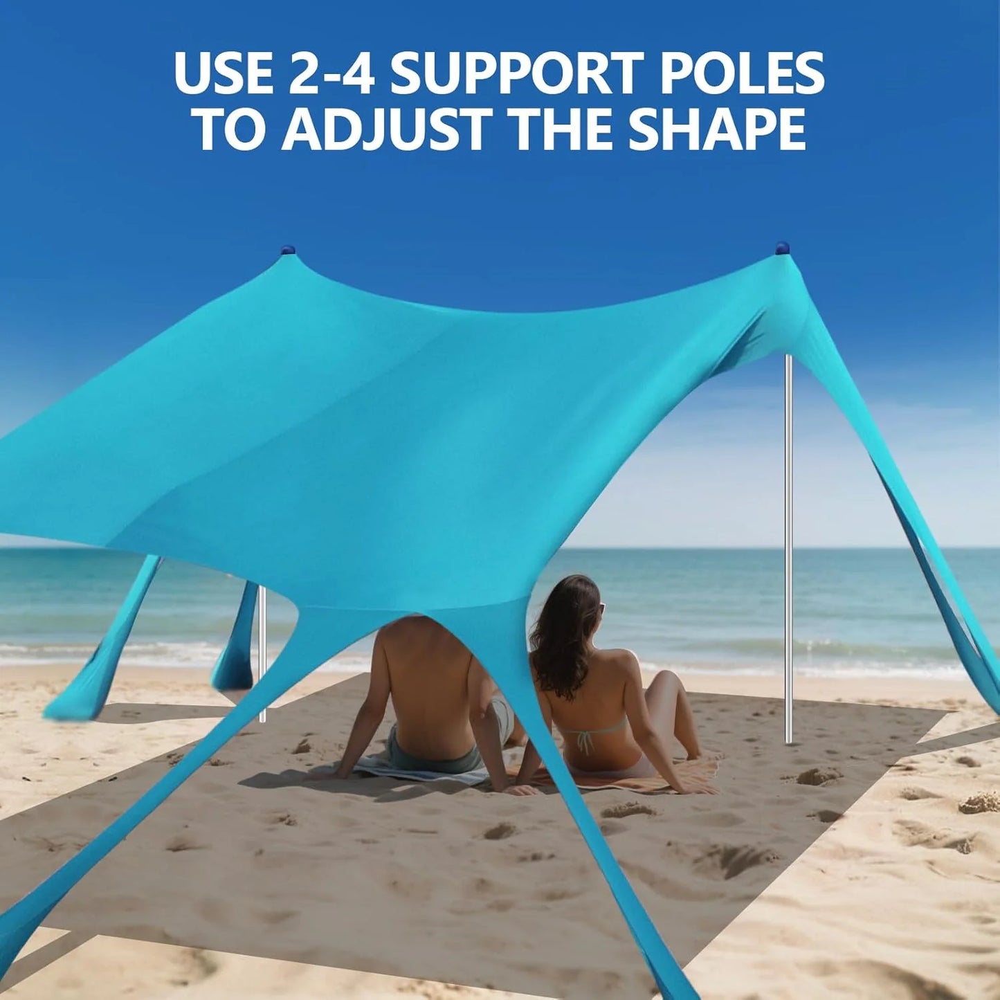 Beach Tent Sun Shelter, 10 x 10 FT Beach Canopy Tent Sun Shade Heavy Duty, UPF50+ Beach Tent Canopy with 8 Sandbags & 4 Stability Poles, Outdoor Beach Shade Canopy for Camping and Fishing, Blue
