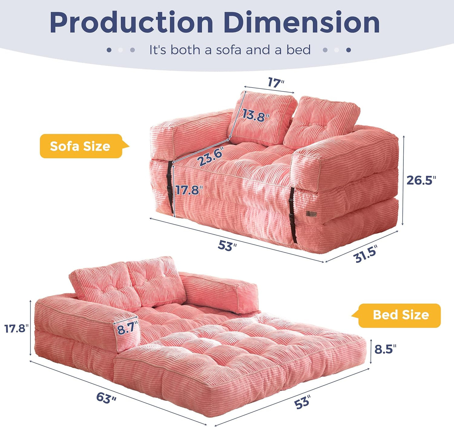 Folding Sofa Bed, L-Shaped Convertible Sofa Bed with Armrests and Pillows,