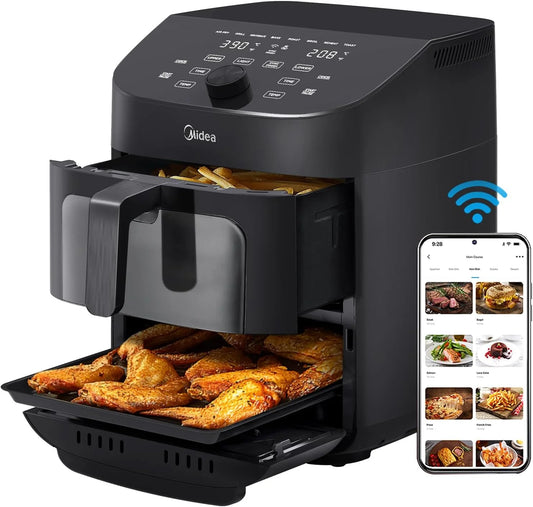 Dual Basket Air Fryer Oven 11 Quart 8 in 1 Functions, Clear Window, Smart Sync Finish, Works with Alexa, Wi-Fi Connectivity, 50+ App Recipes for family meals, Bake, Roast, Grill, Broil, Toast